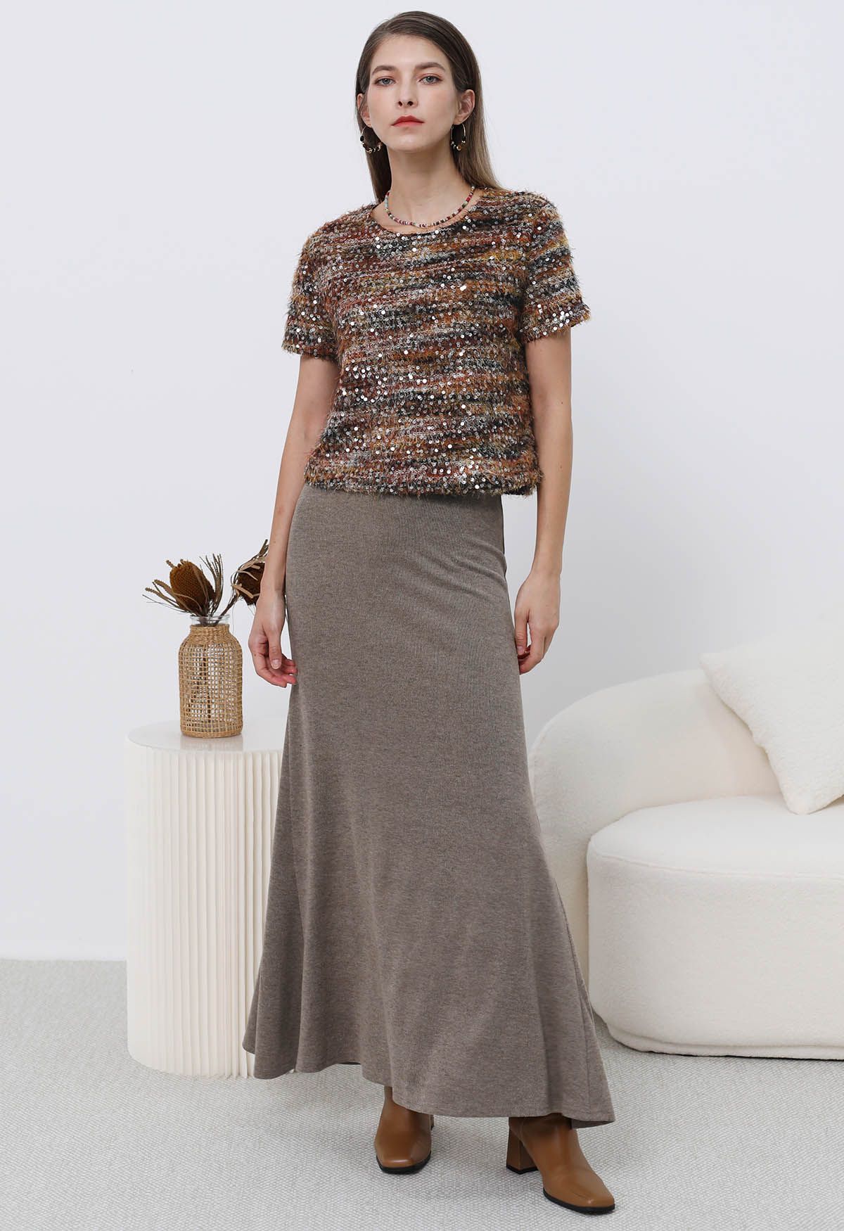 Soft Swirl Elegance Flare Maxi Skirt in Taupe