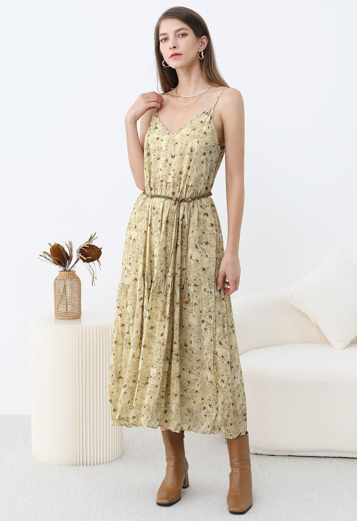 Butterfly Falling V-Neck Pleated Chiffon Cami Dress in Yellow