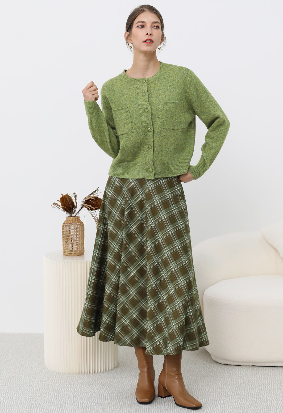 Plaid Charm Flare Midi Skirt in Army Green