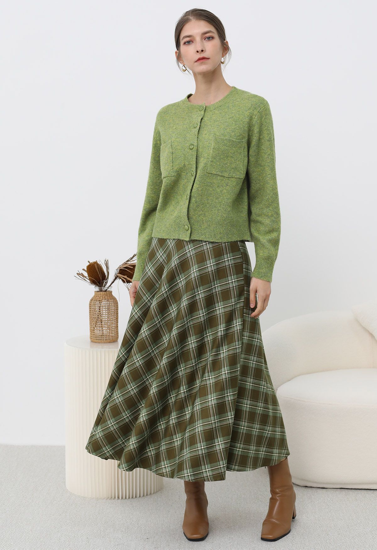 Plaid Charm Flare Midi Skirt in Army Green Retro Indie and Unique Fashion