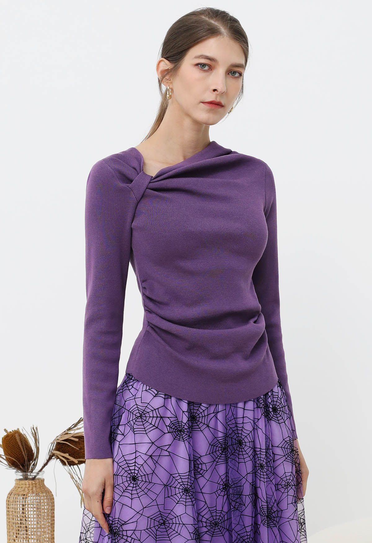 Side Knot Ruched Long-Sleeve Knit Top in Purple