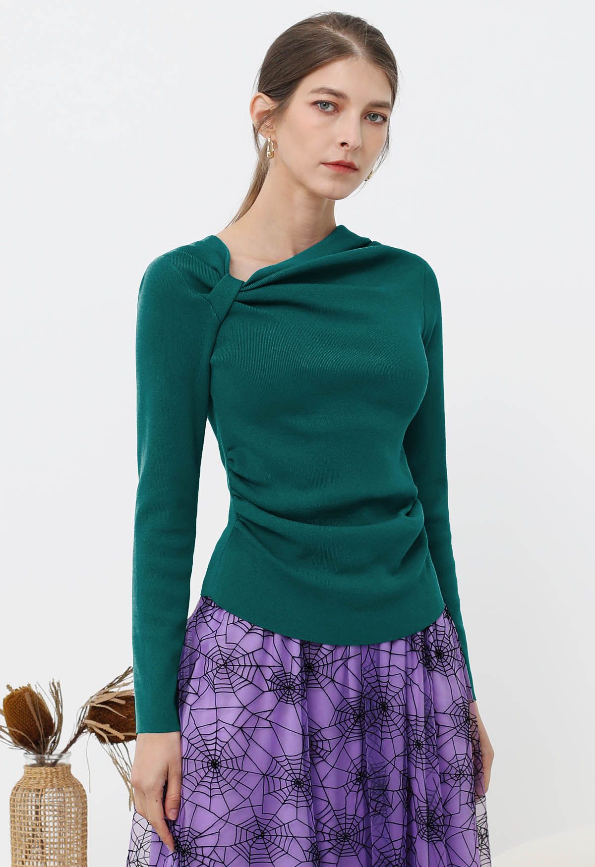 Side Knot Ruched Long-Sleeve Knit Top in Emerald