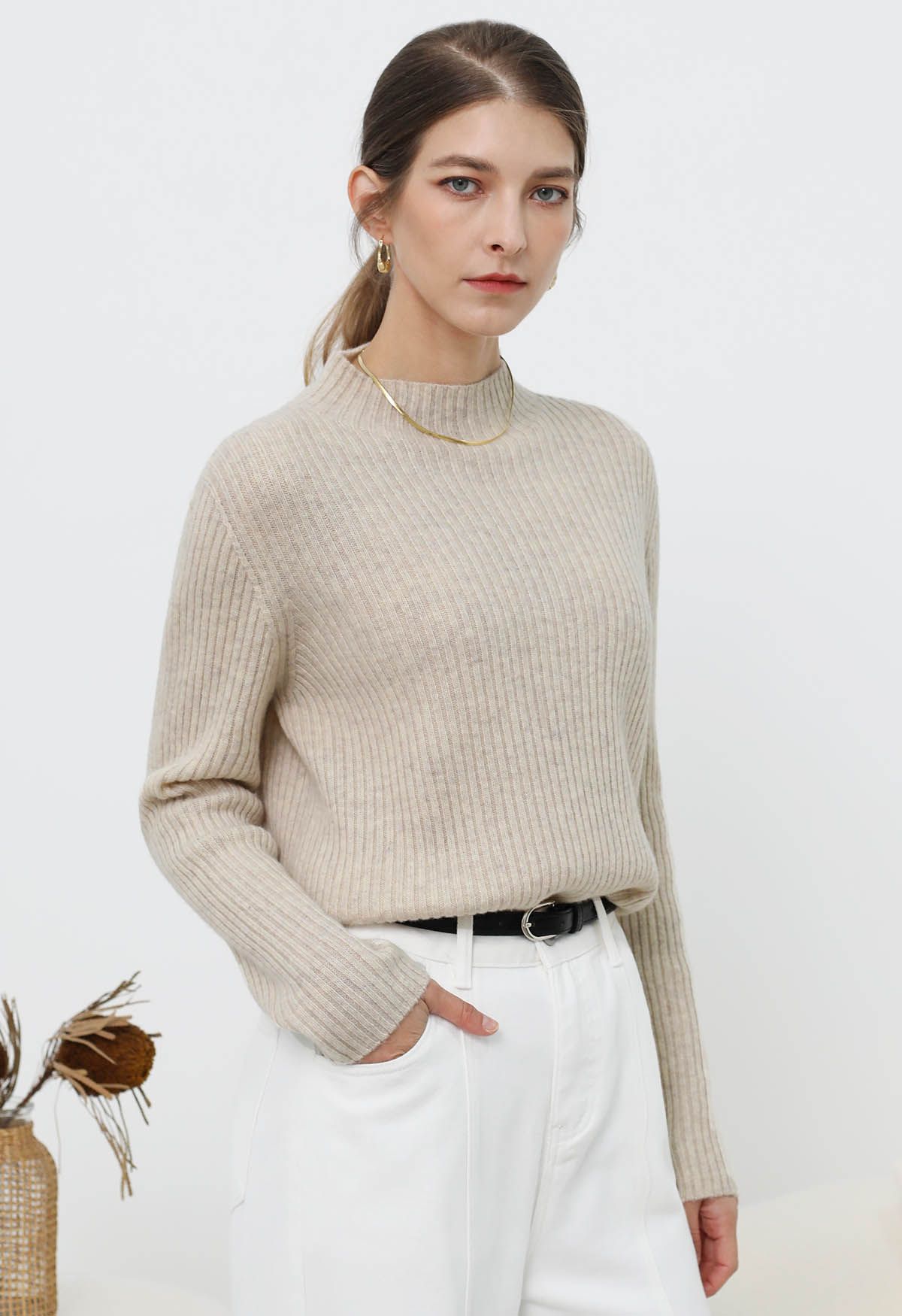 Elemental Mock Neck Long-Sleeve Wool Sweater in Linen