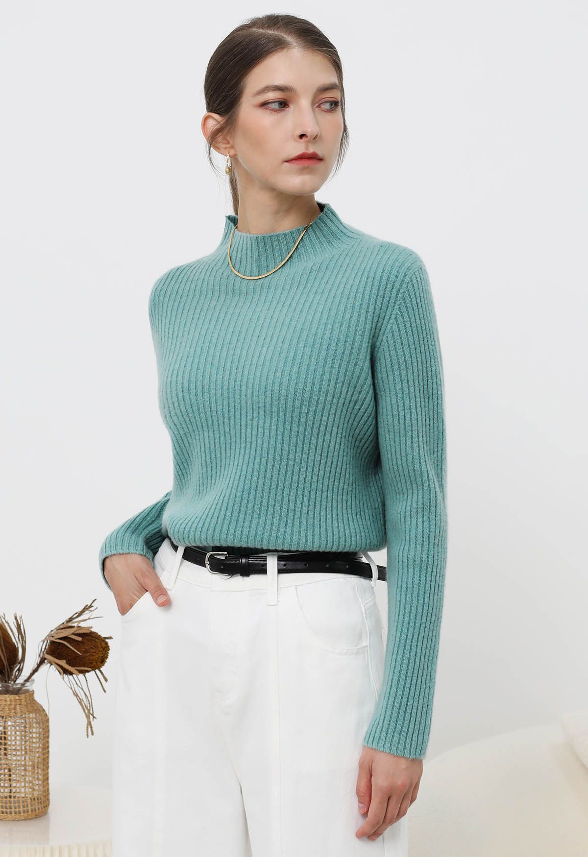 Elemental Mock Neck Long-Sleeve Wool Sweater in Teal