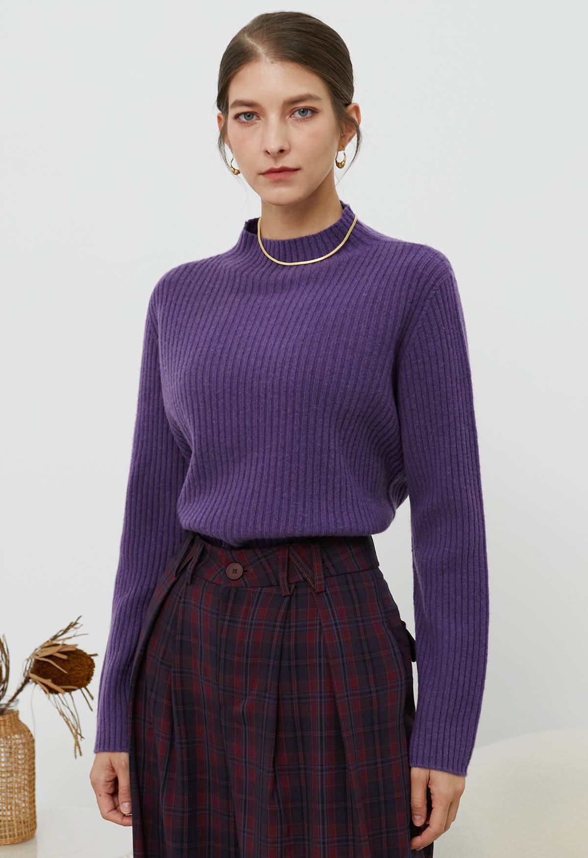 Elemental Mock Neck Long-Sleeve Wool Sweater in Purple