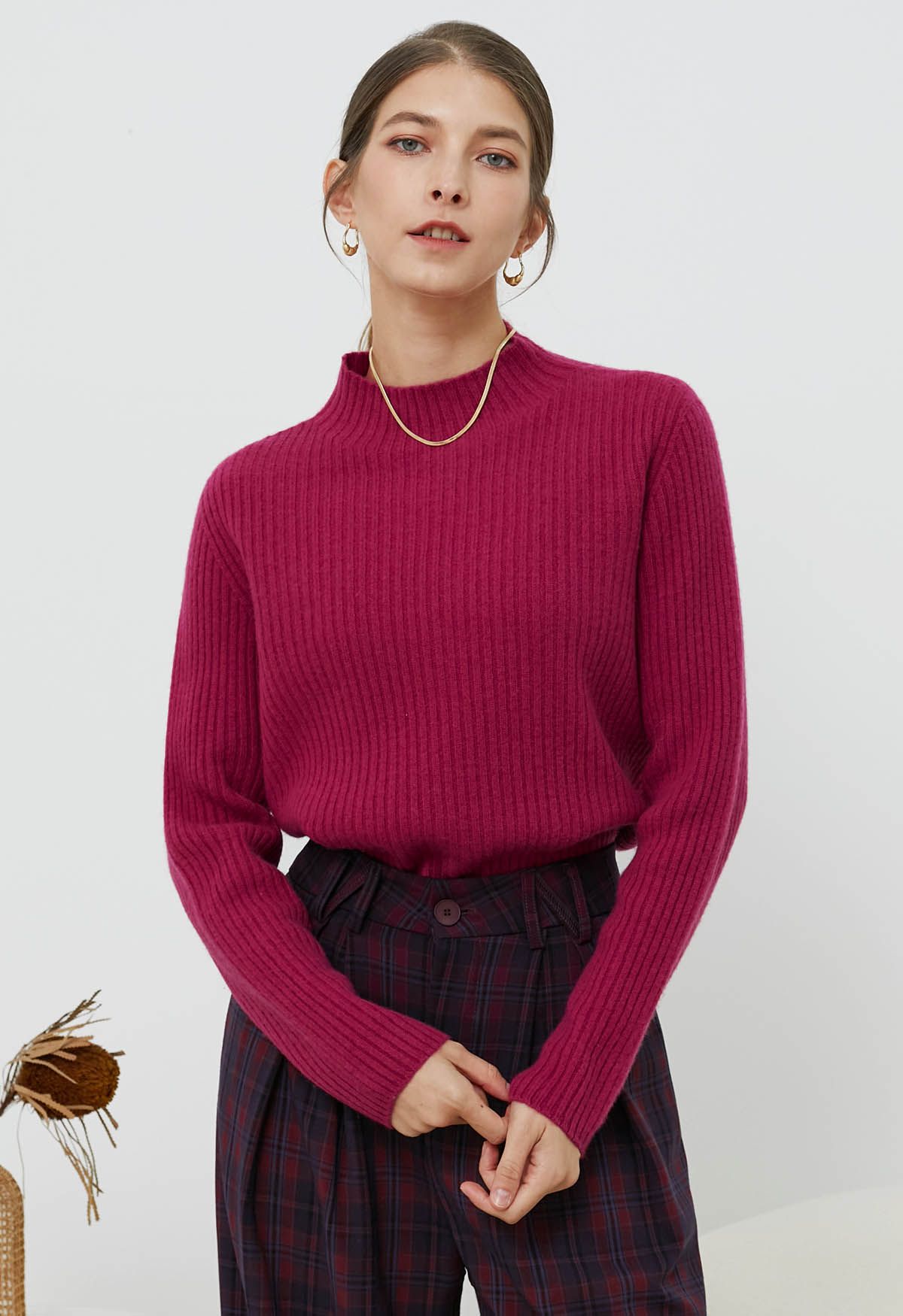 Elemental Mock Neck Long-Sleeve Wool Sweater in Magenta