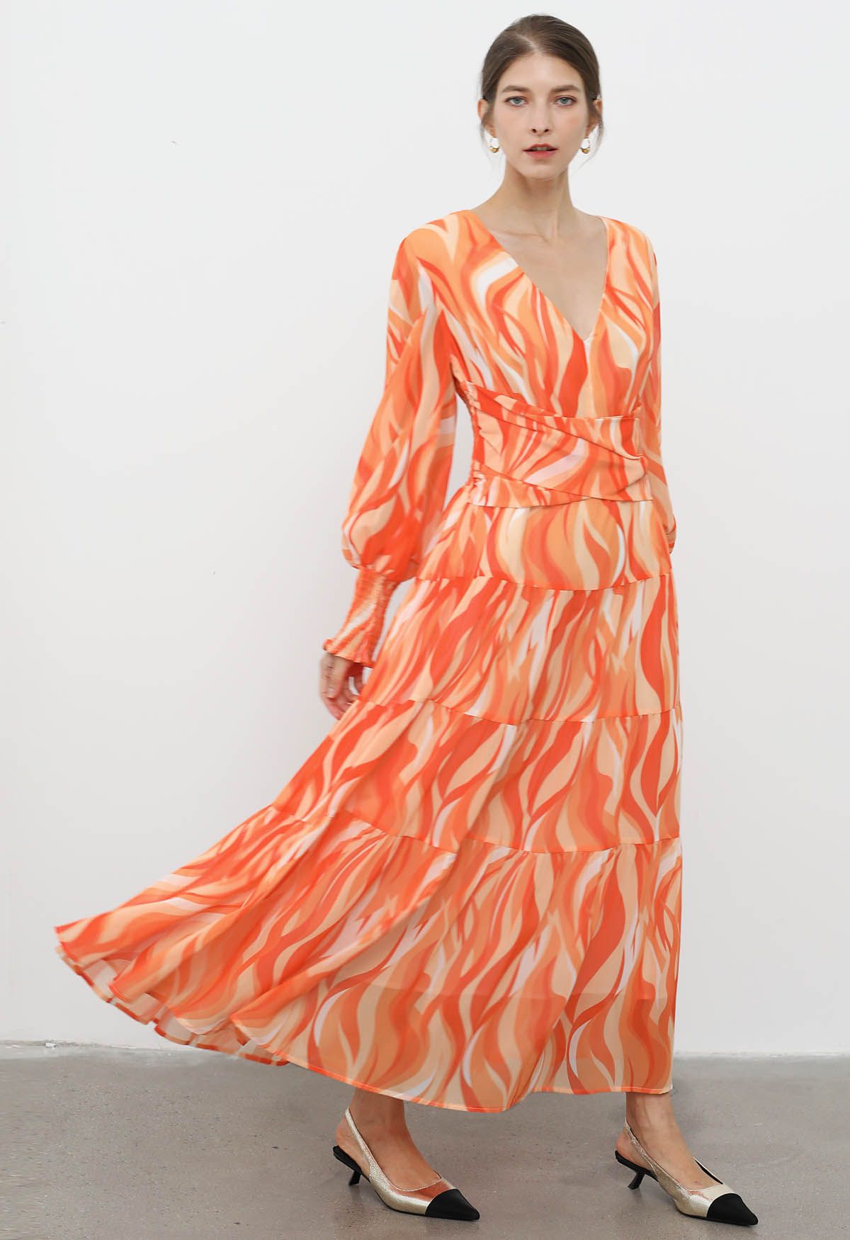 Orange Wave Crisscross Waist Chiffon Maxi Dress