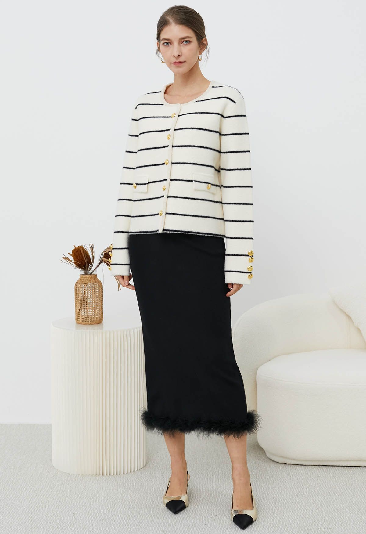 Contrast Stripes Button Down Cardigan in Ivory