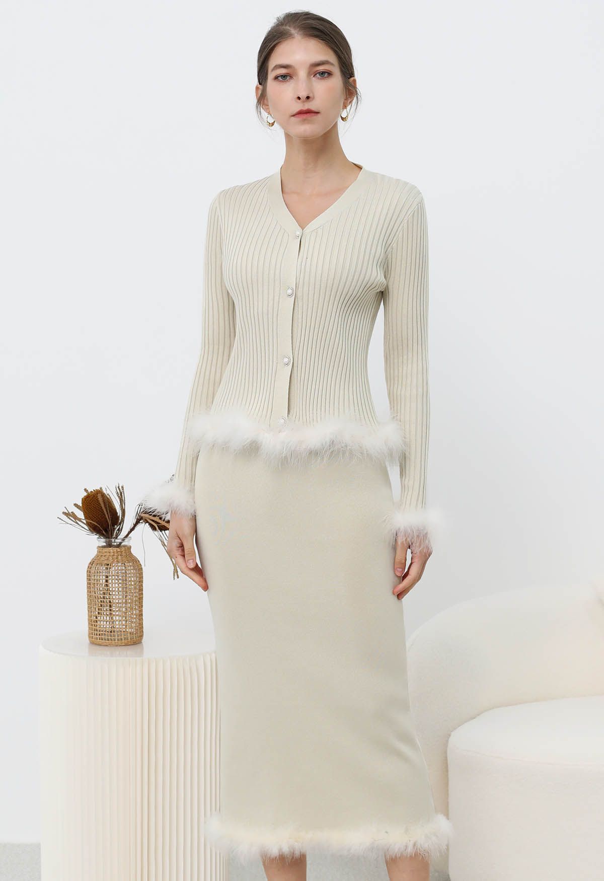 Feather Trim Button Knit Top and Midi Skirt Set in Ivory Retro Indie and Unique Fashion