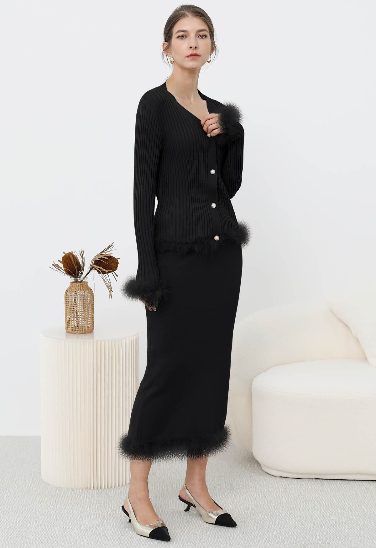 Feather Trim Button Knit Top and Midi Skirt Set in Black