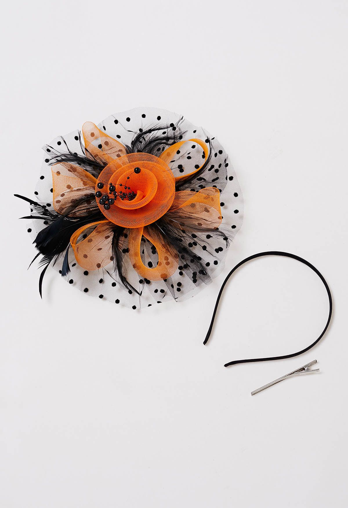 Polka Dot Mesh Headband with Hair Clip in Orange