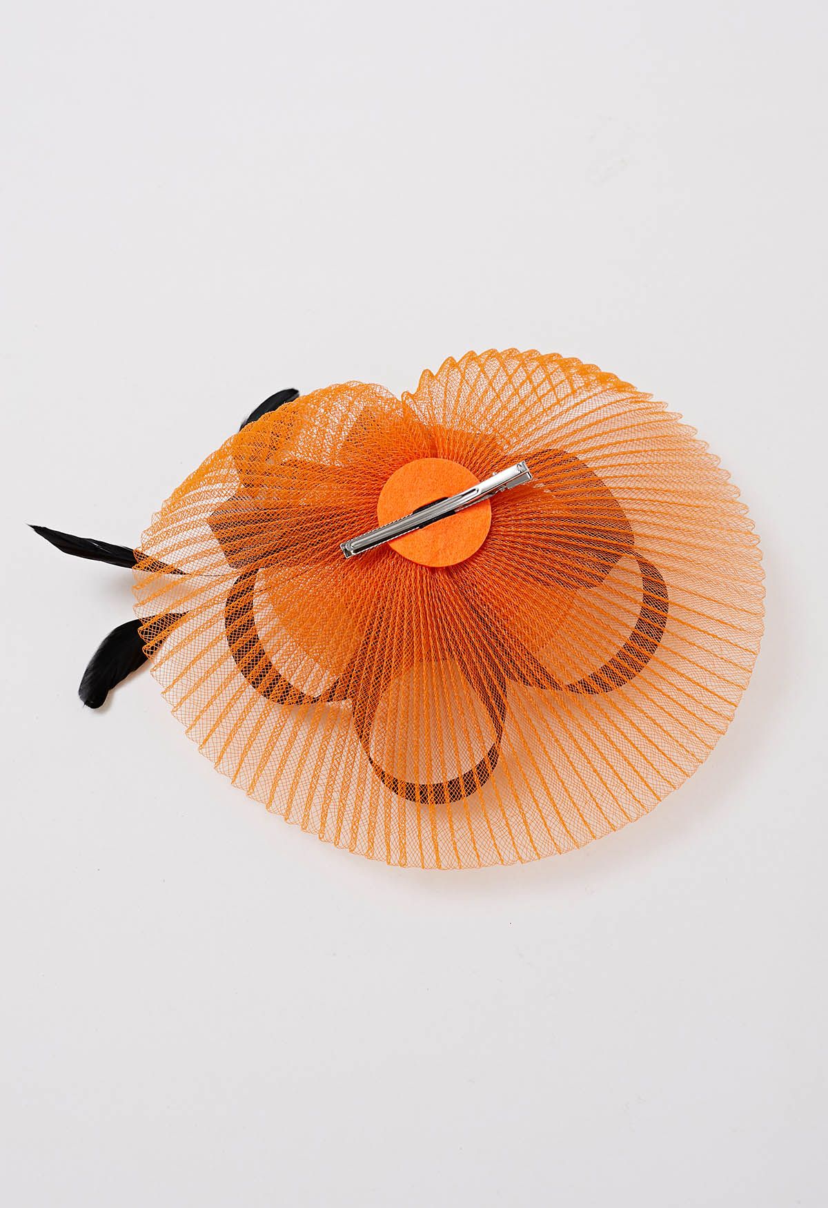 Pleated Mesh Flower Headband with Hair Clip in Orange