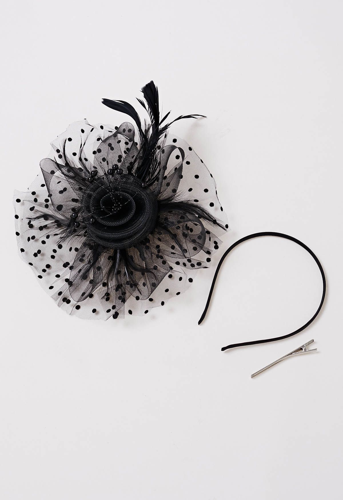 Polka Dot Mesh Headband with Hair Clip in Black