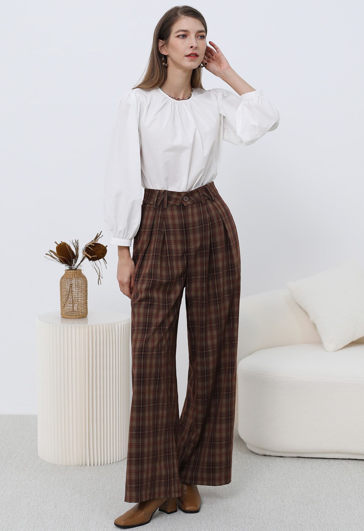 Throwback Plaid Wide Leg Pants in Berry Retro Indie and Unique Fashion