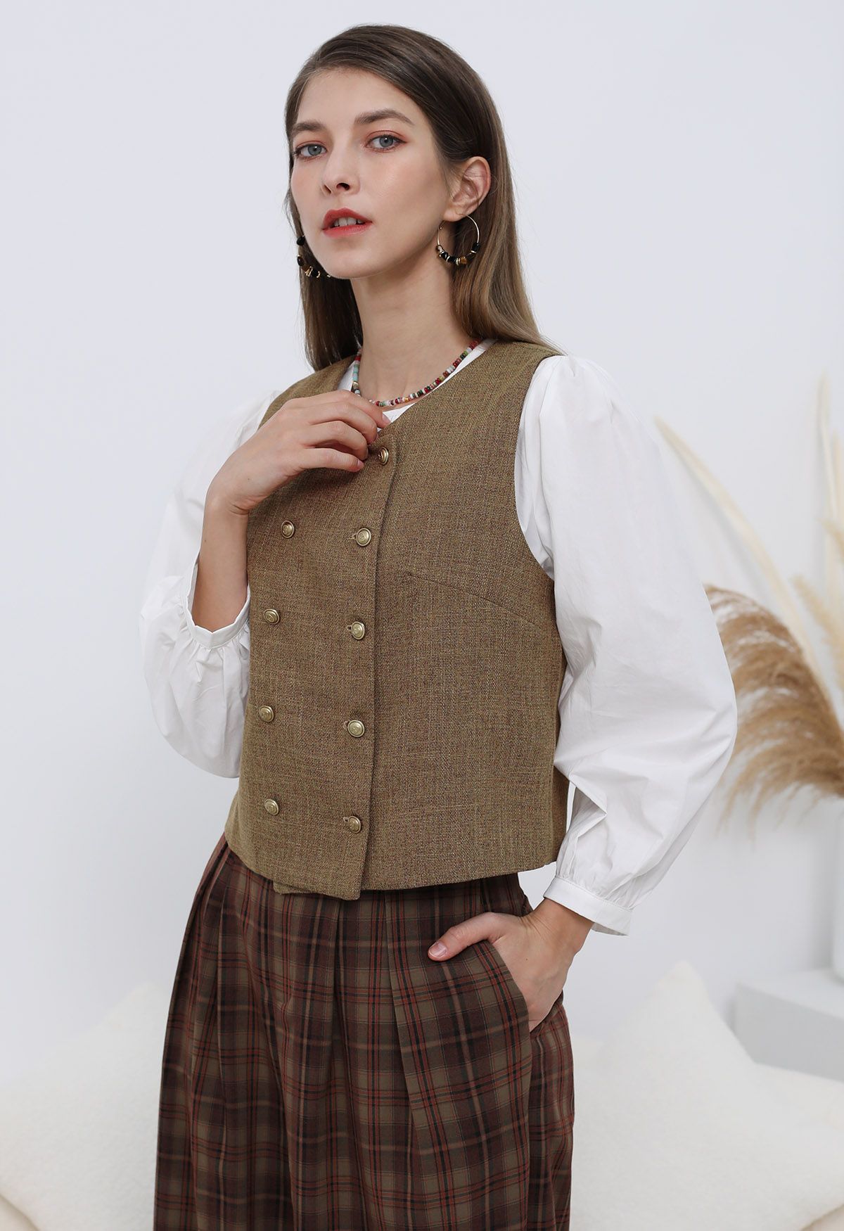 Preppy Style Double-Breasted Vest in Camel