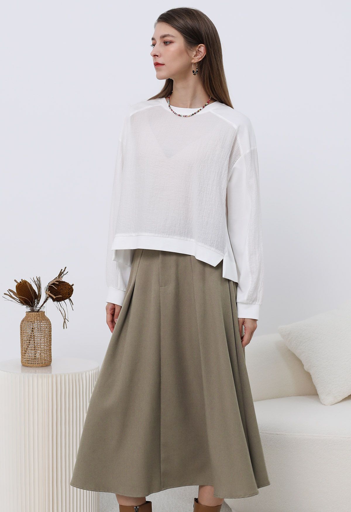 Dignified Buttons Trim A-Line Midi Skirt in Khaki