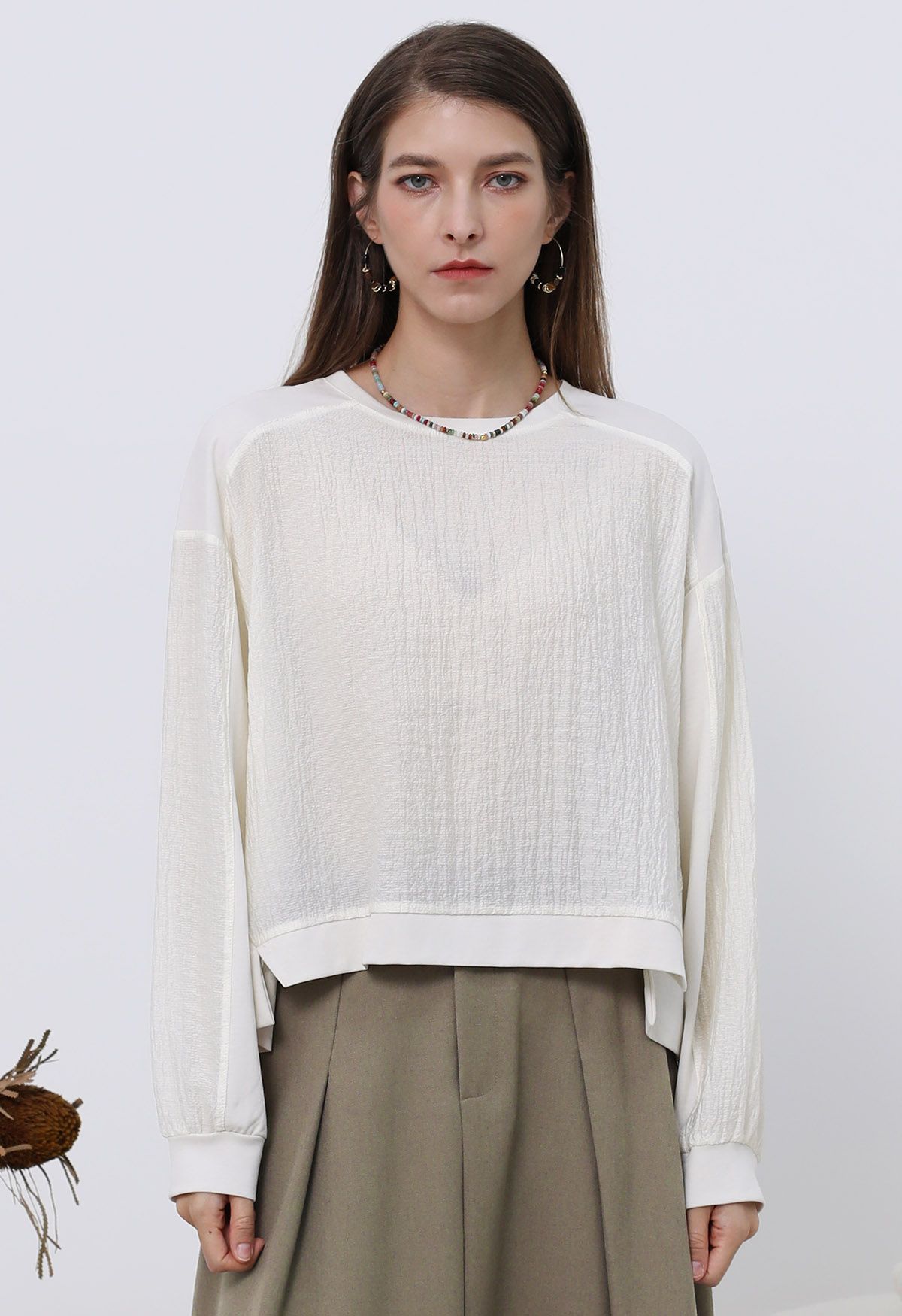 Texture Panelled Crop Sweatshirt in Cream