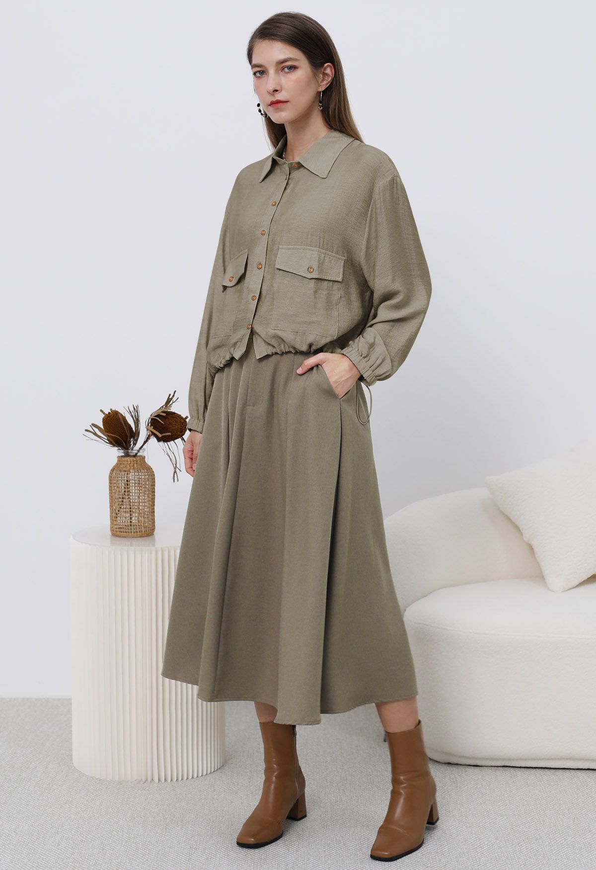 Collared Button Down Drawstring Shirt in Khaki