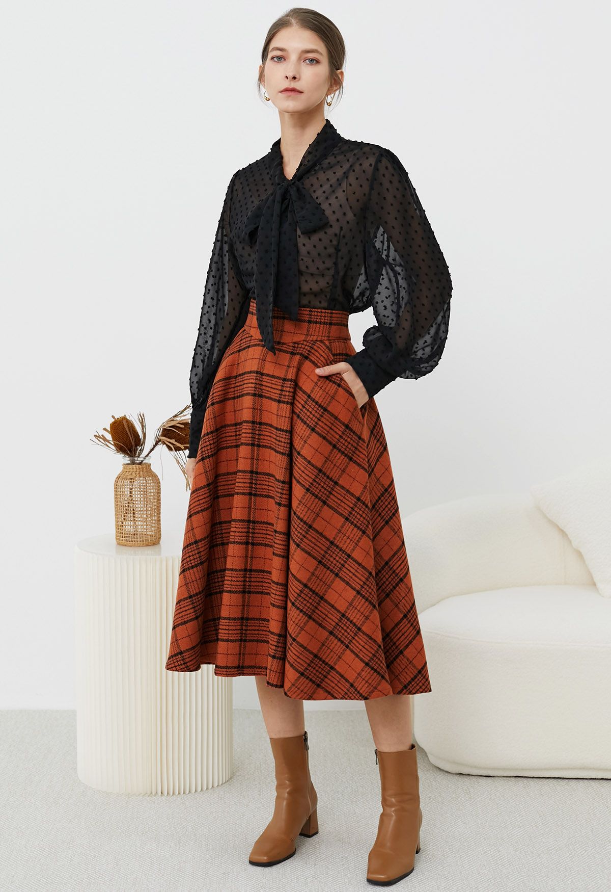 Autumnal Plaid Side Pocket Midi Skirt