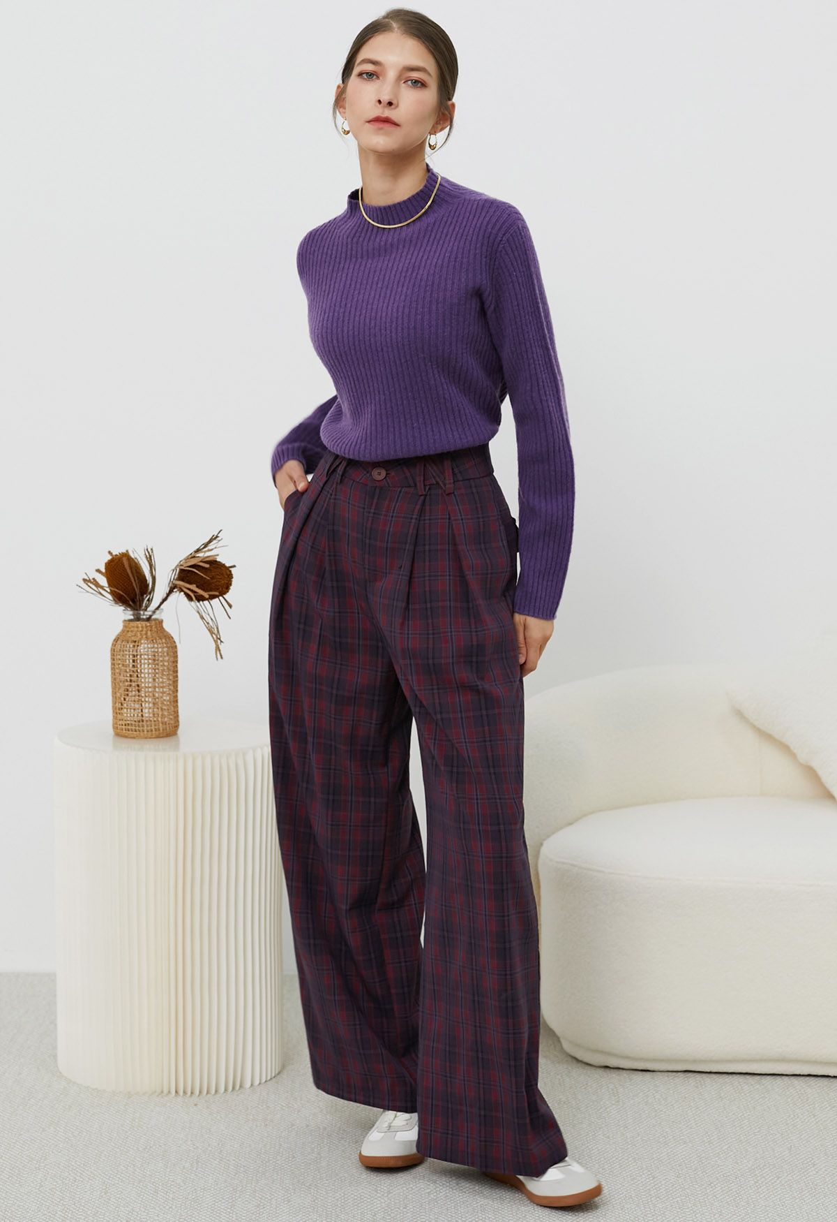 Throwback Plaid Wide-Leg Pants in Plum