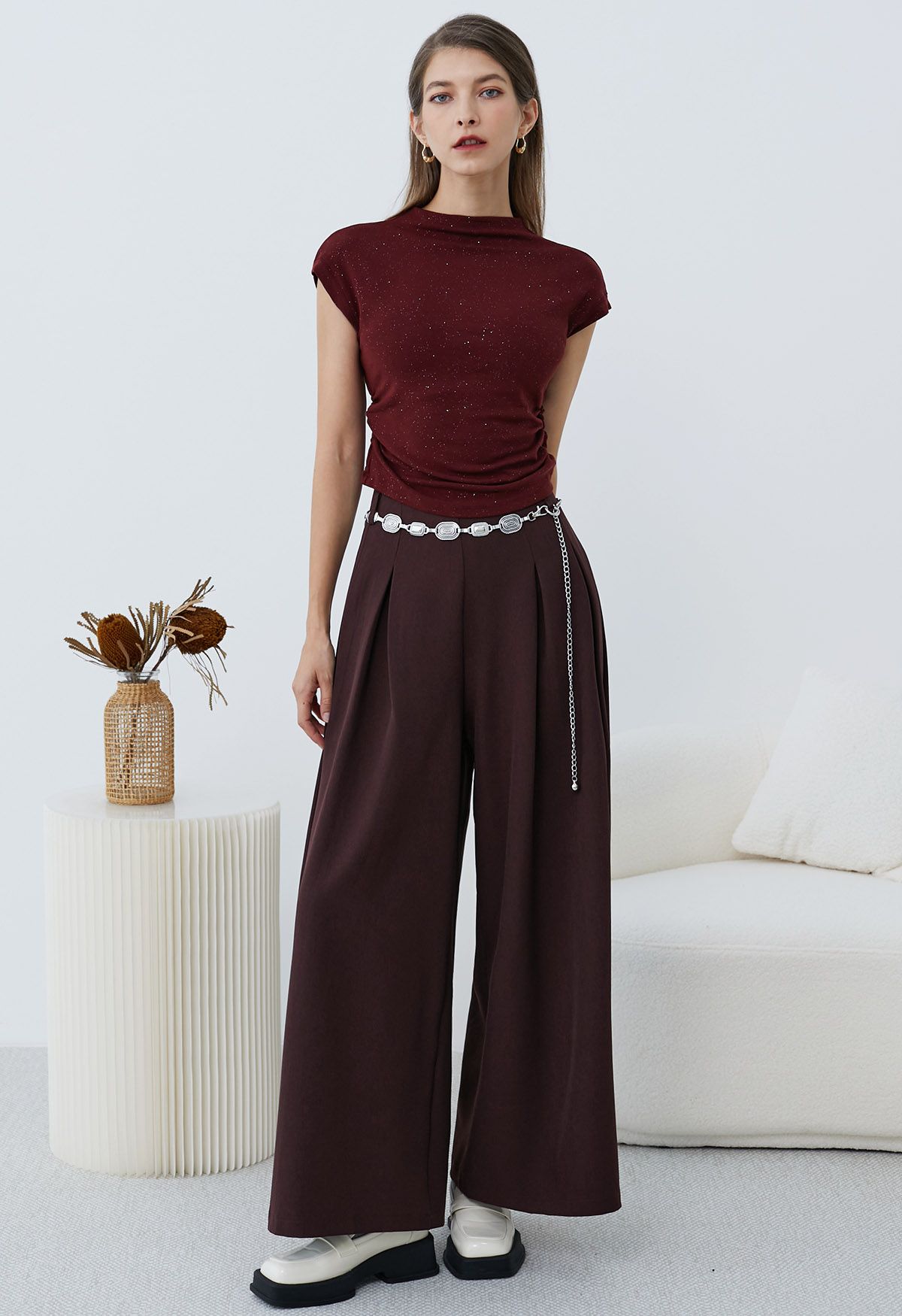 Chain-Embellished Pleated Palazzo Pants in Burgundy