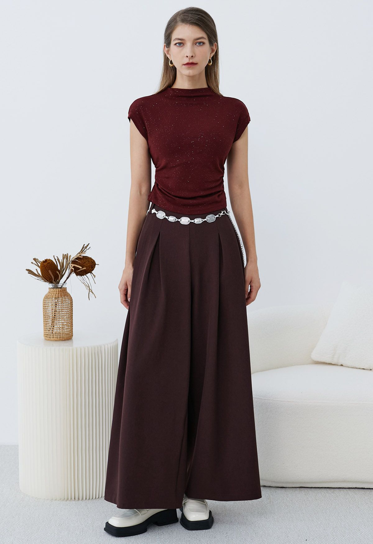 Chain-Embellished Pleated Palazzo Pants in Burgundy