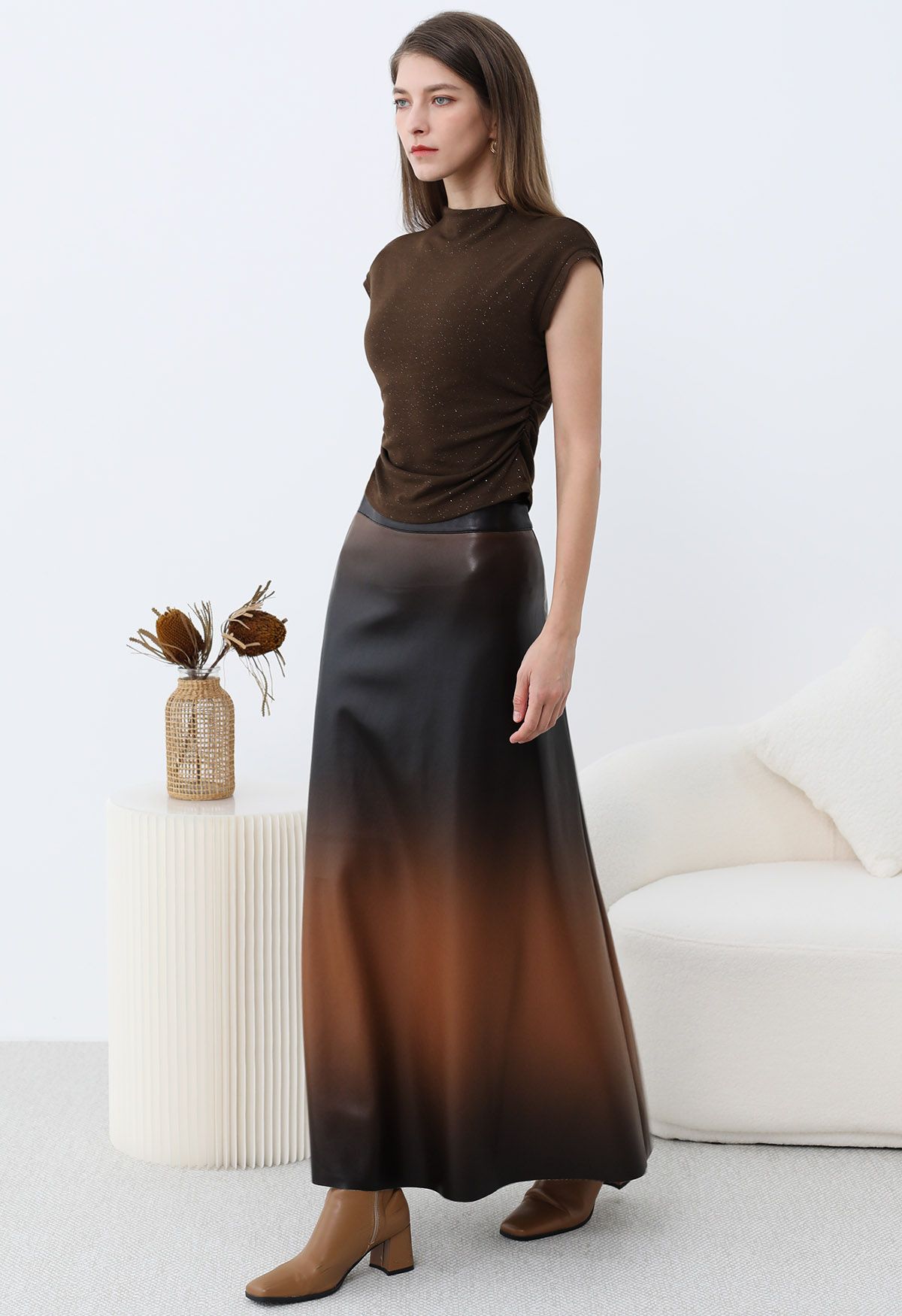 Shimmering Ruched Waist Cap Sleeves Top in Brown