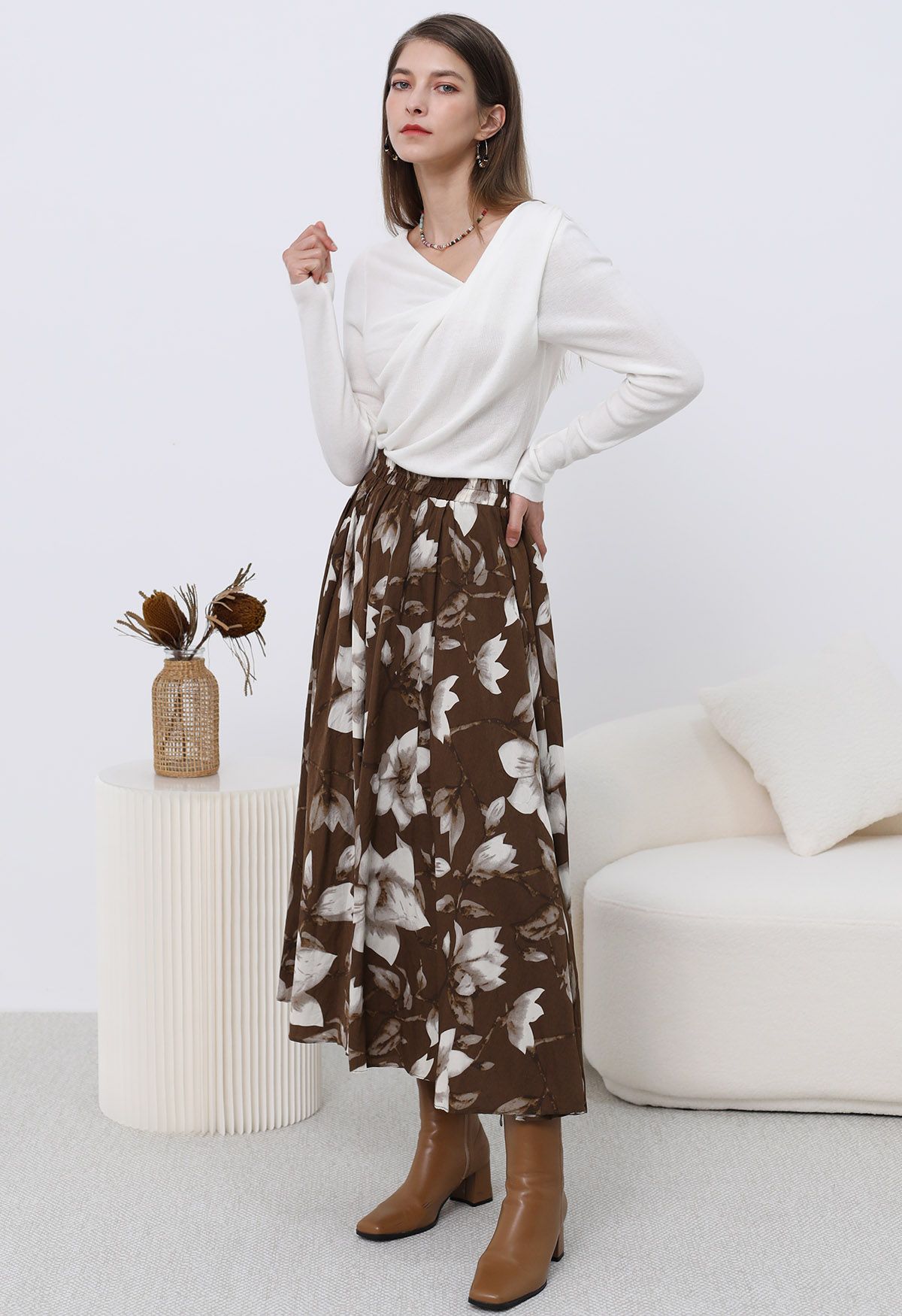 Magnolia Drift Pleated Midi Skirt 