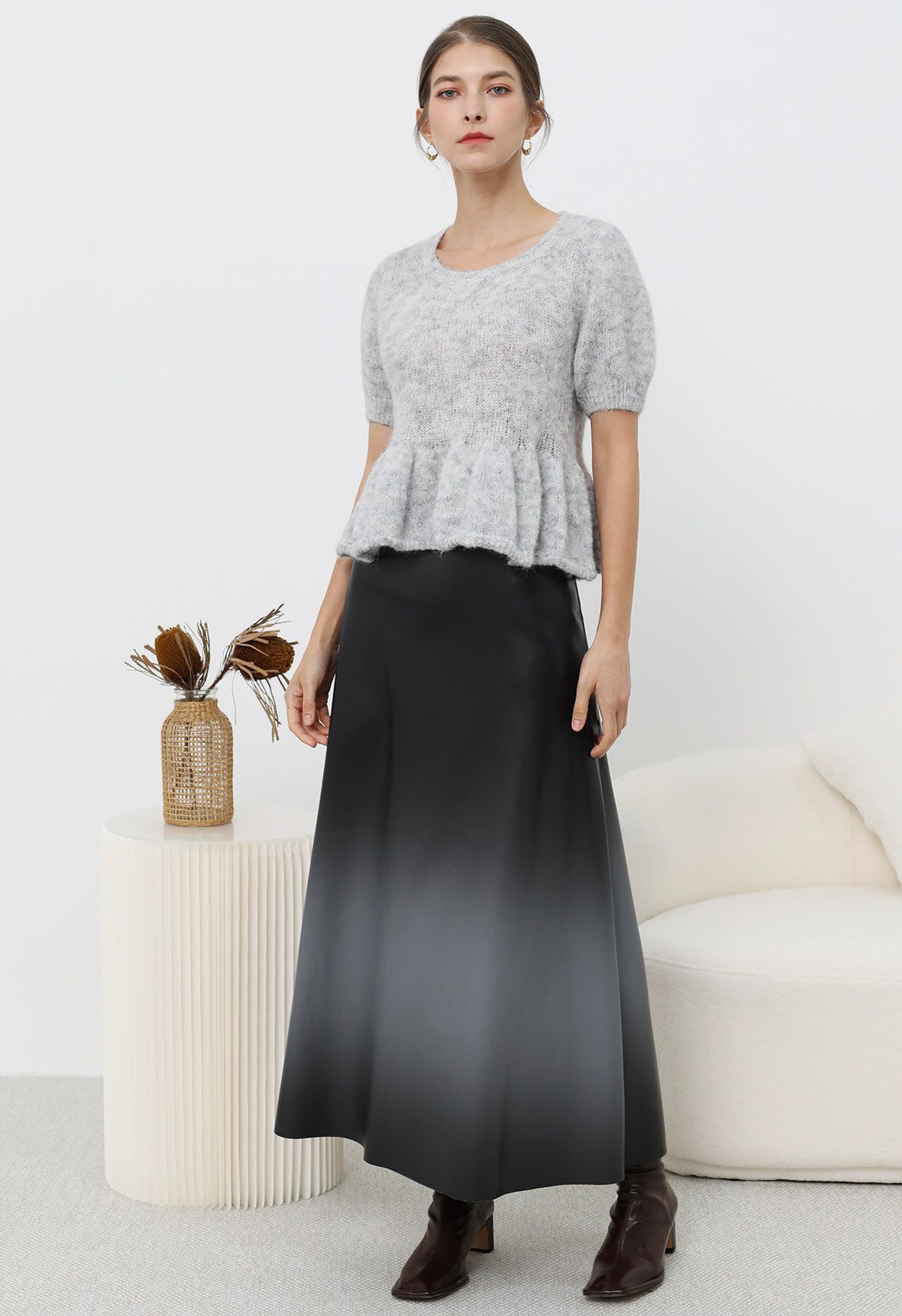 Ombre Faux Leather Maxi Skirt in Grey