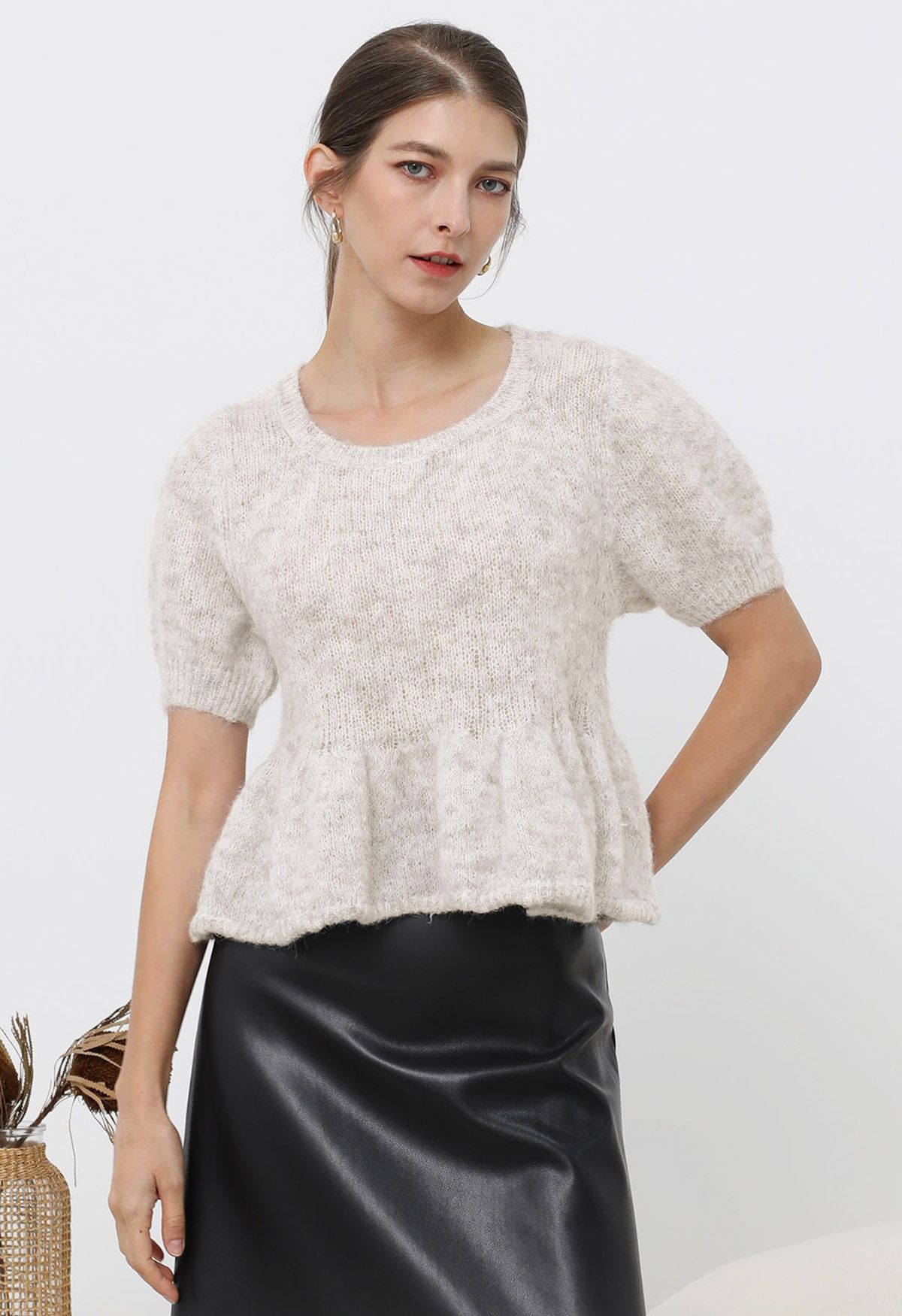 Peplum Flair Fuzzy Knit Top in Oatmeal