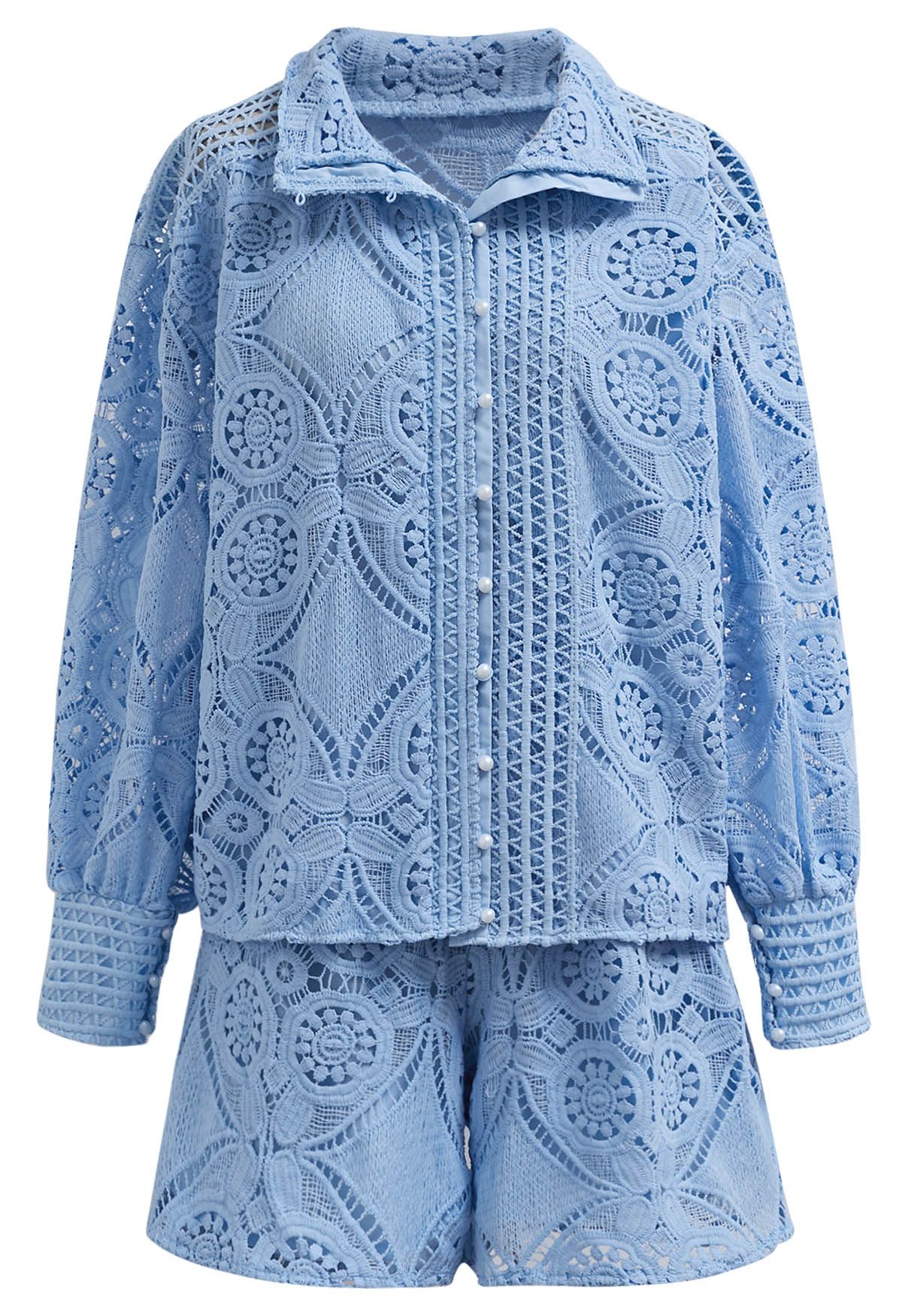 Guipure Lace Buttoned Shirt and Shorts Set in Blue