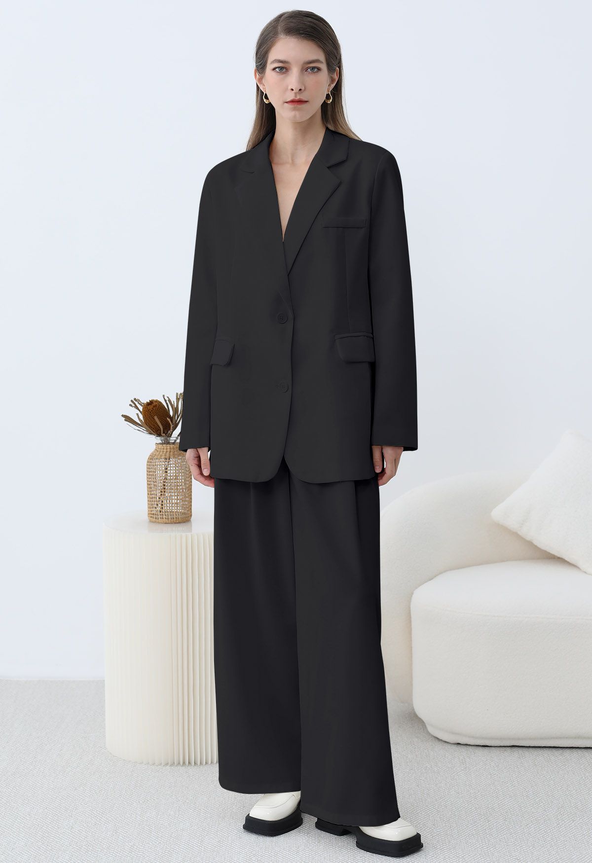 Modern Executive Notched Lapel Blazer and Pants Set in Black