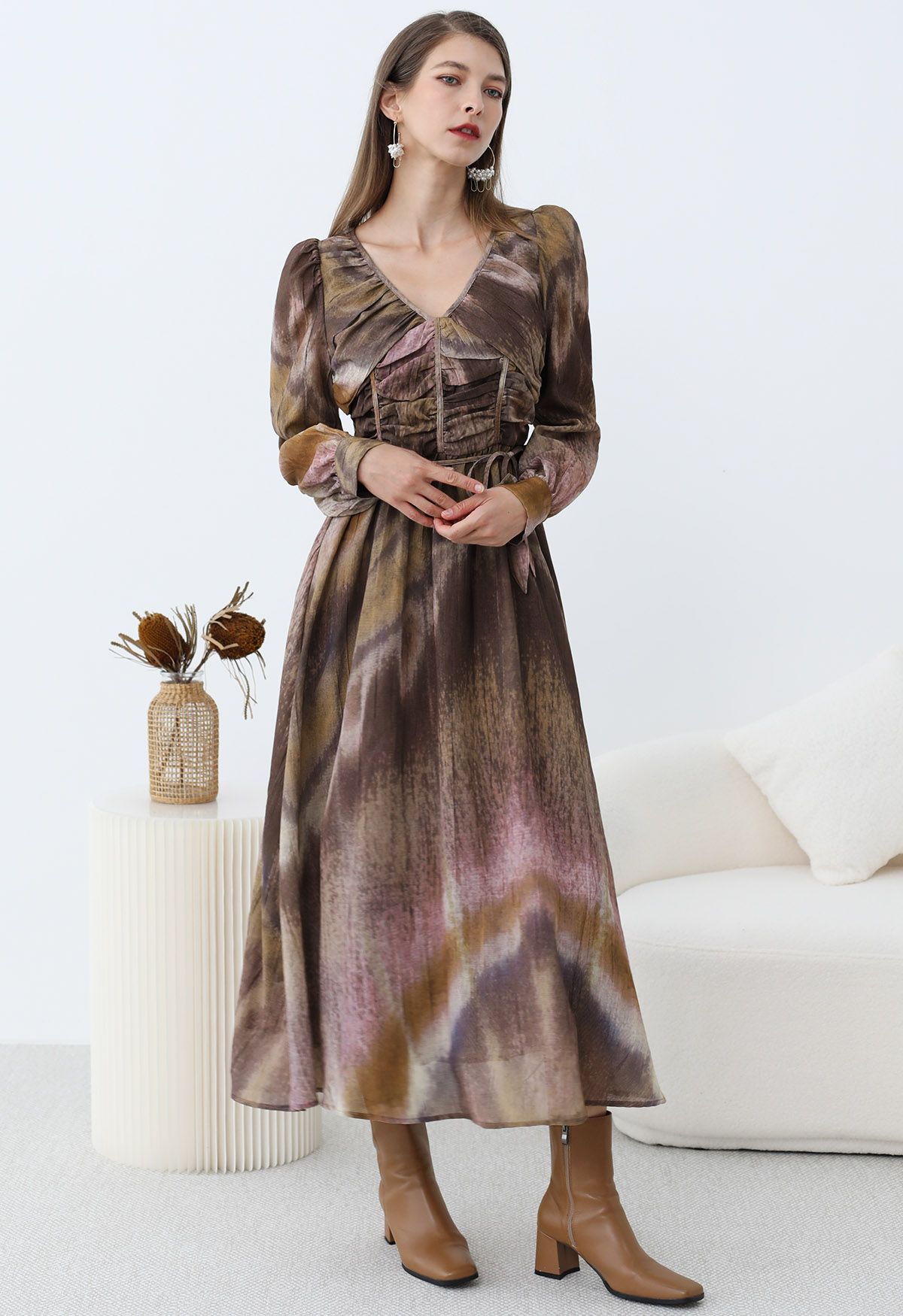 Mystic Watercolor V-Neck Ruched Maxi Dress