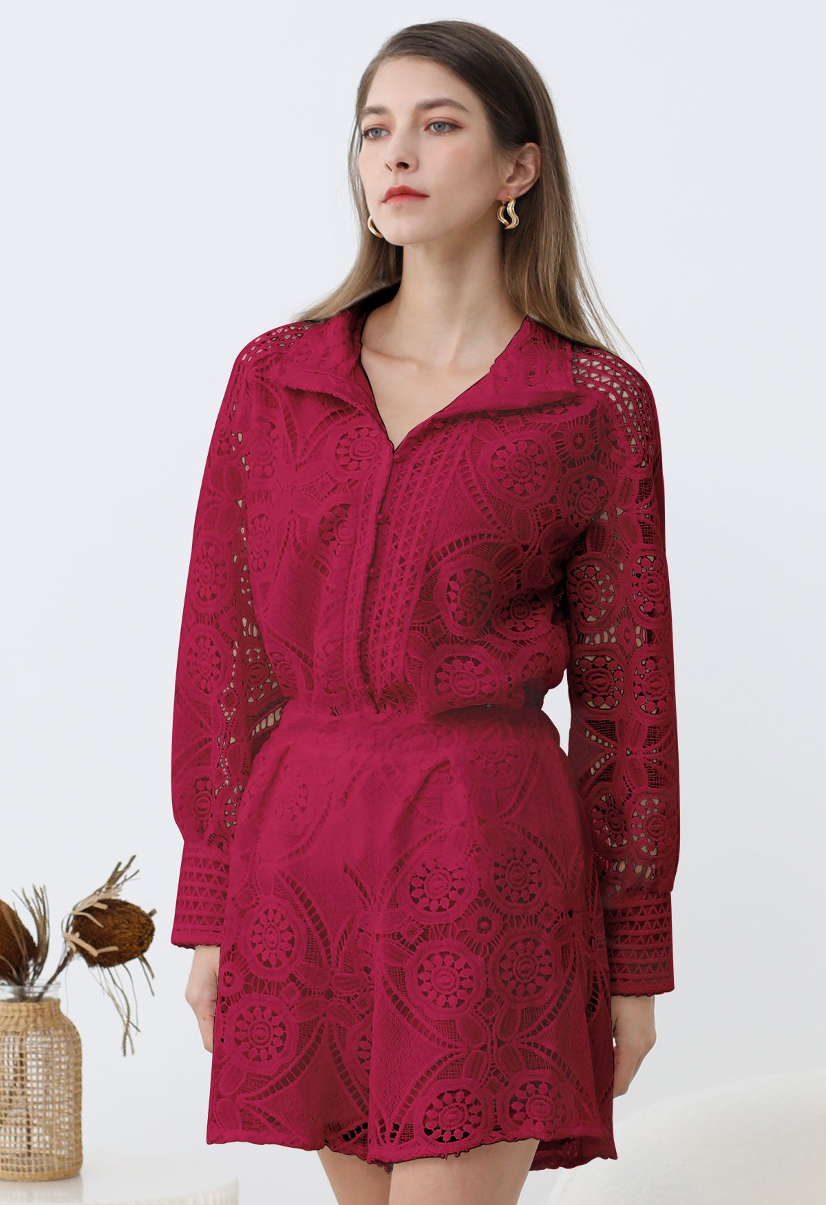 Guipure Lace Buttoned Shirt and Shorts Set in Rose Red