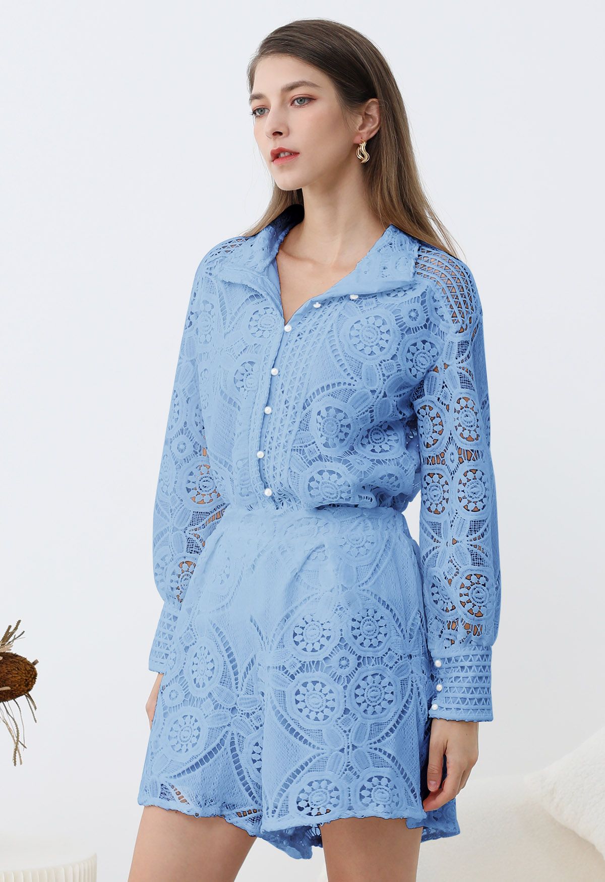 Guipure Lace Buttoned Shirt and Shorts Set in Blue