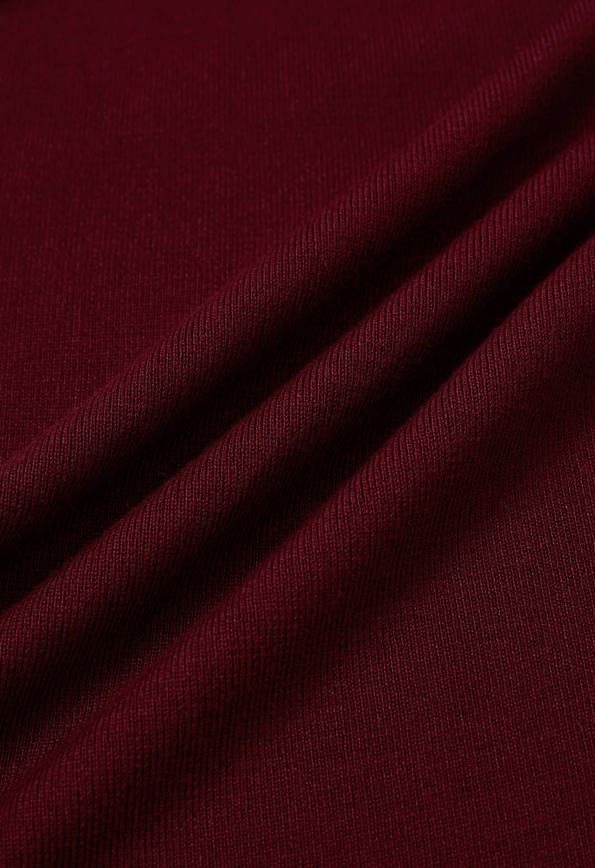 Contrast Detail Knit Poncho and Pants Set in Burgundy