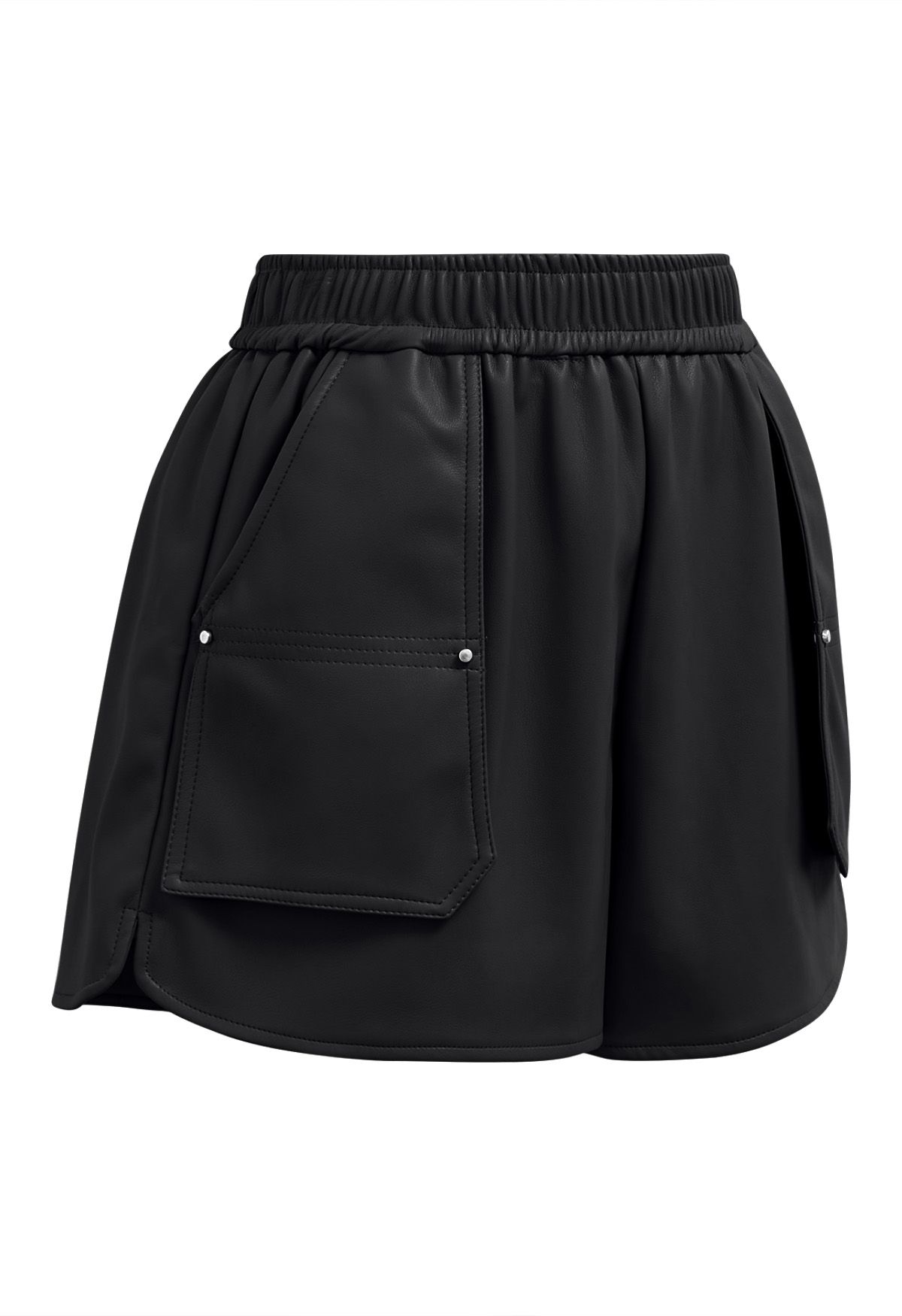 Patch Side Pocket Faux Leather Utility Shorts in Black