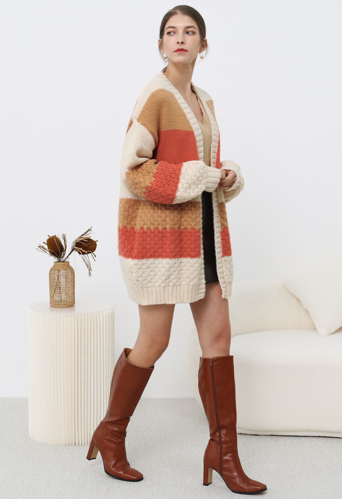 Warm Hues Color Block Puff Sleeve Knit Cardigan