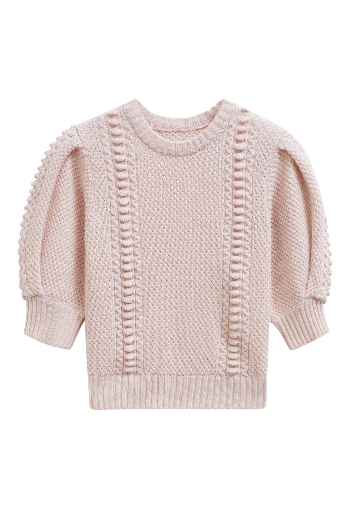 Embossed Texture Puff Sleeve Knit Sweater in Pink