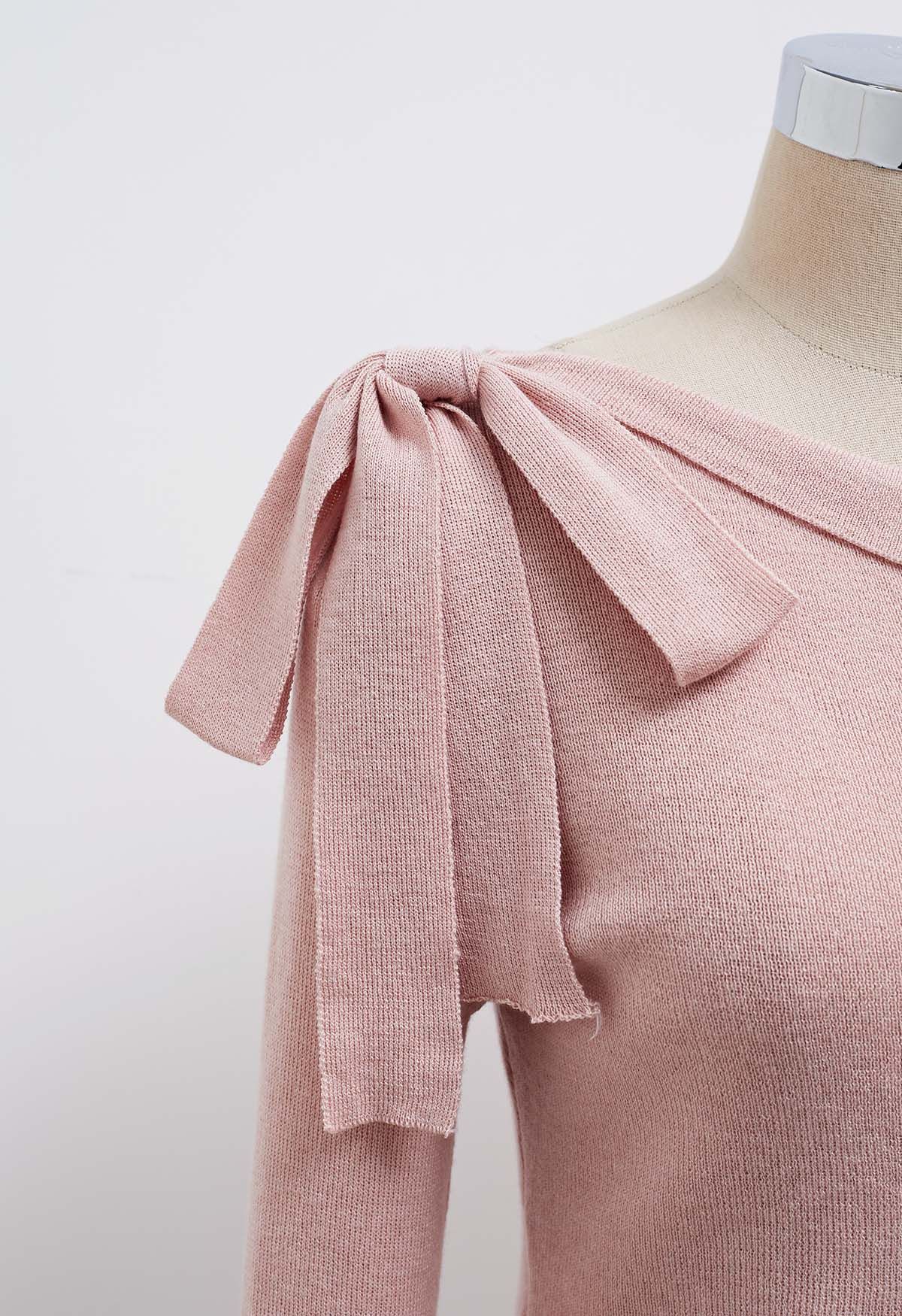 Side Bowknot Decor Drawstring Waist Knit Top in Pink