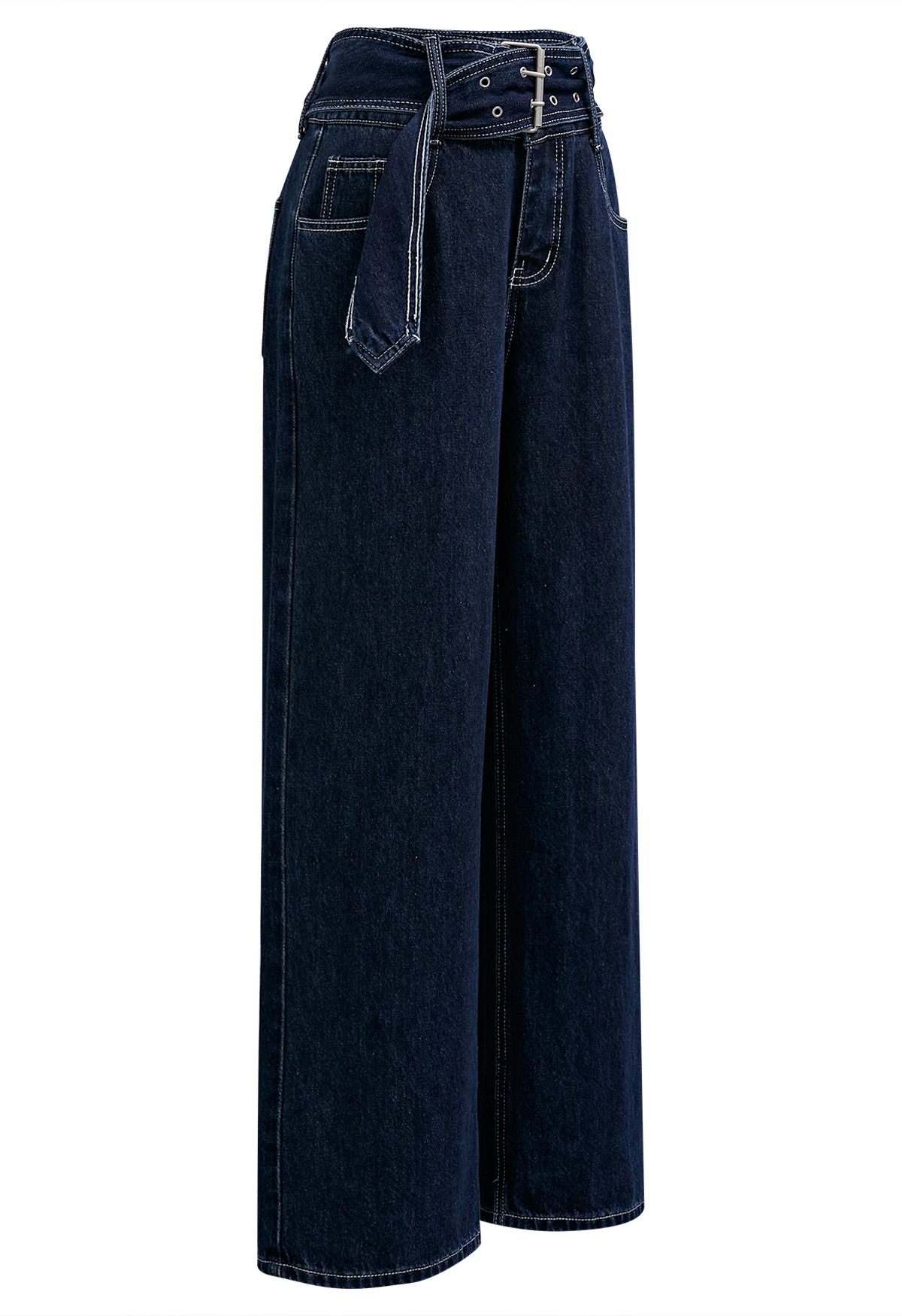 Fashion-Forward Buckle Belt Straight Leg Jeans in Navy