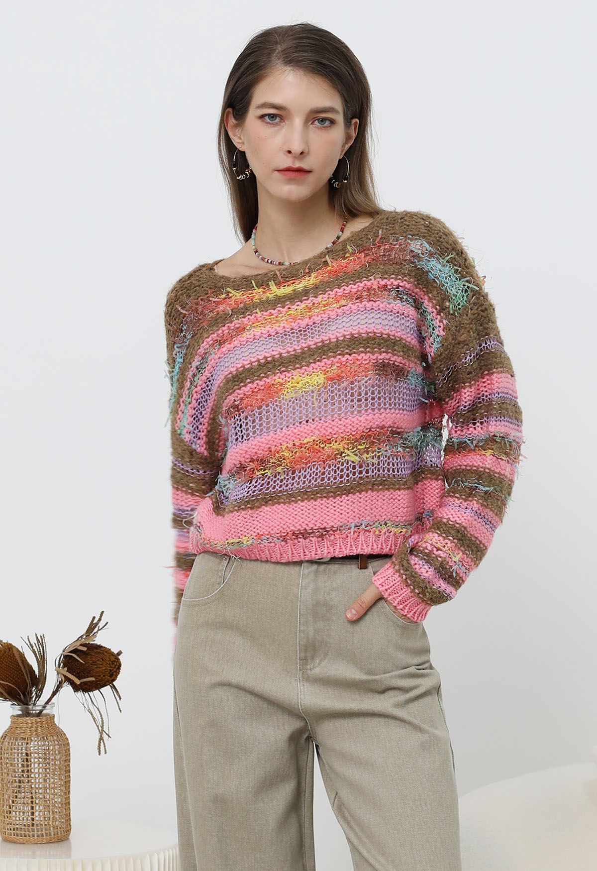 Multicolored Stripe Pointelle Fringed Knit Sweater in Pink