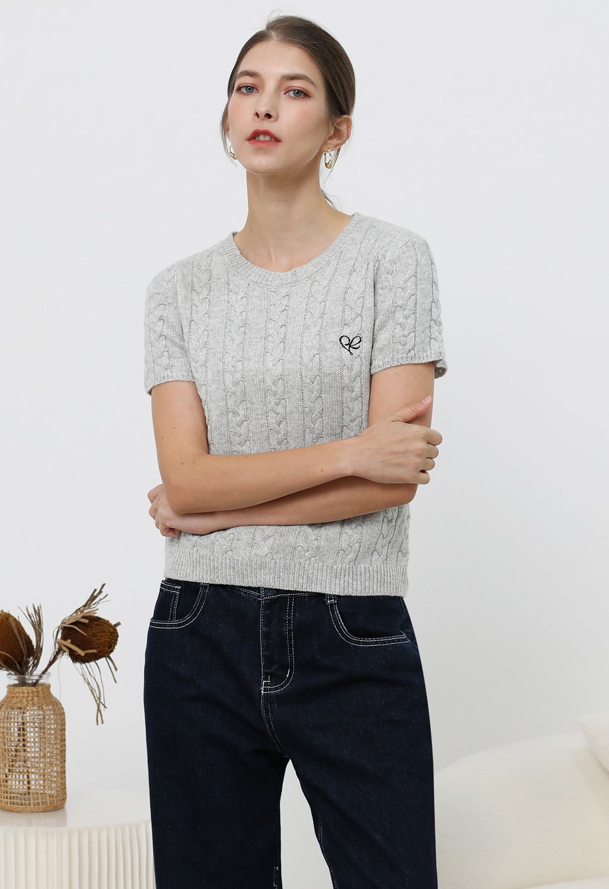 Embroidered Heart Braided Short-Sleeve Sweater in Grey