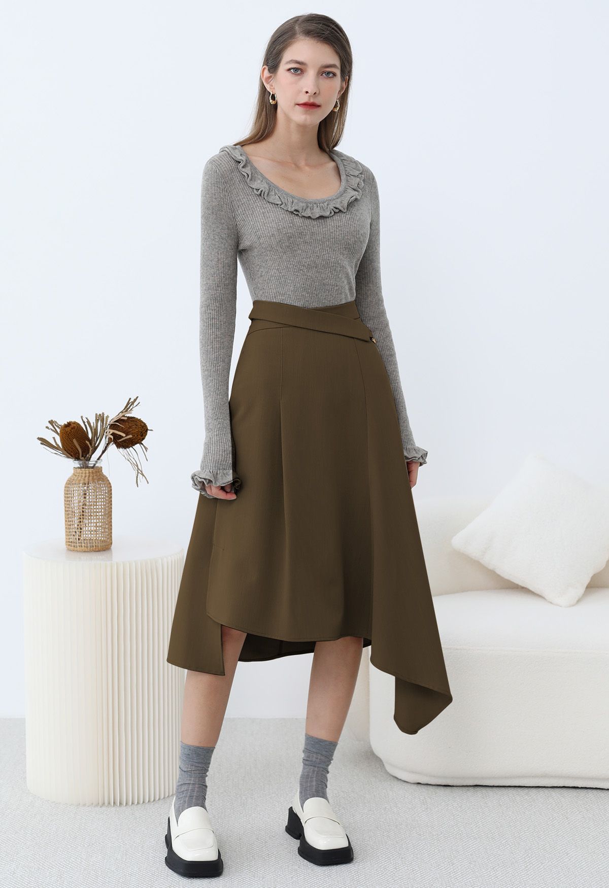 Belt Trim Asymmetry Flowy Midi Skirt in Khaki