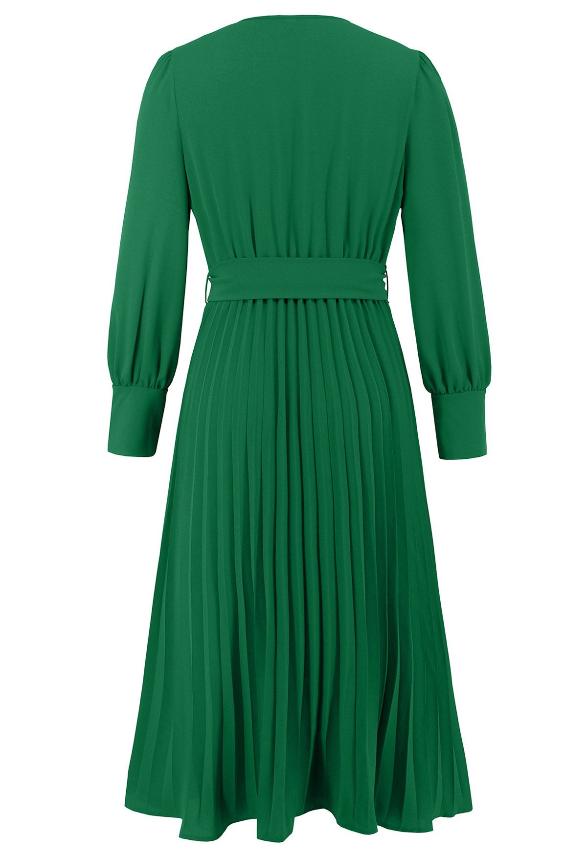 Graceful Pleats Faux-Wrap Belted Midi Dress in Green