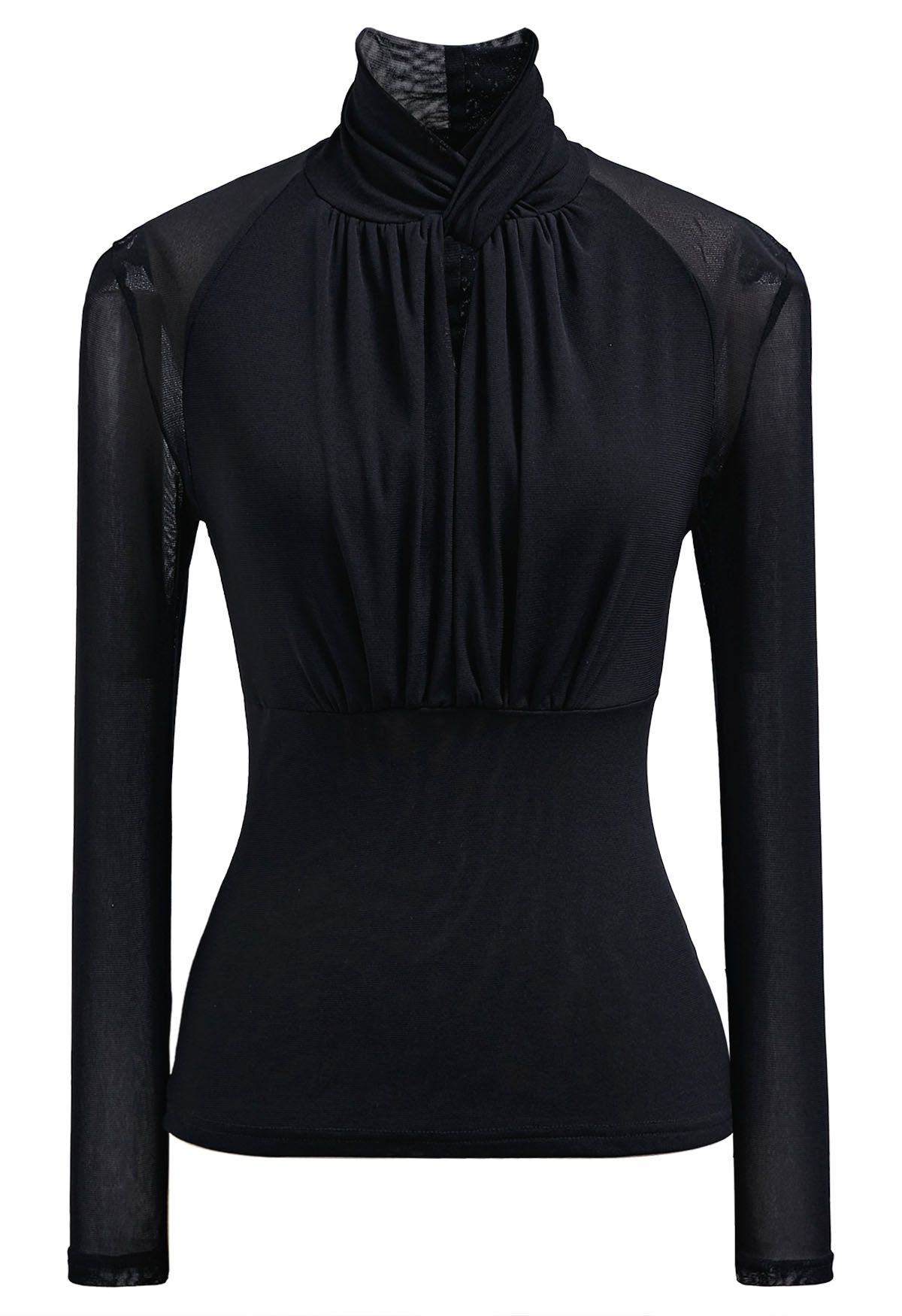 Knotted Mock Neck Cutout Mesh Top in Black