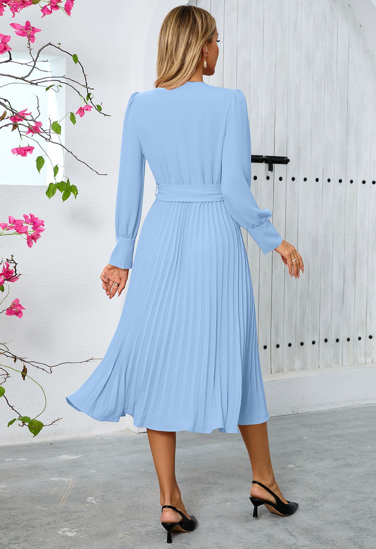 Graceful Pleats Faux-Wrap Belted Midi Dress in Blue