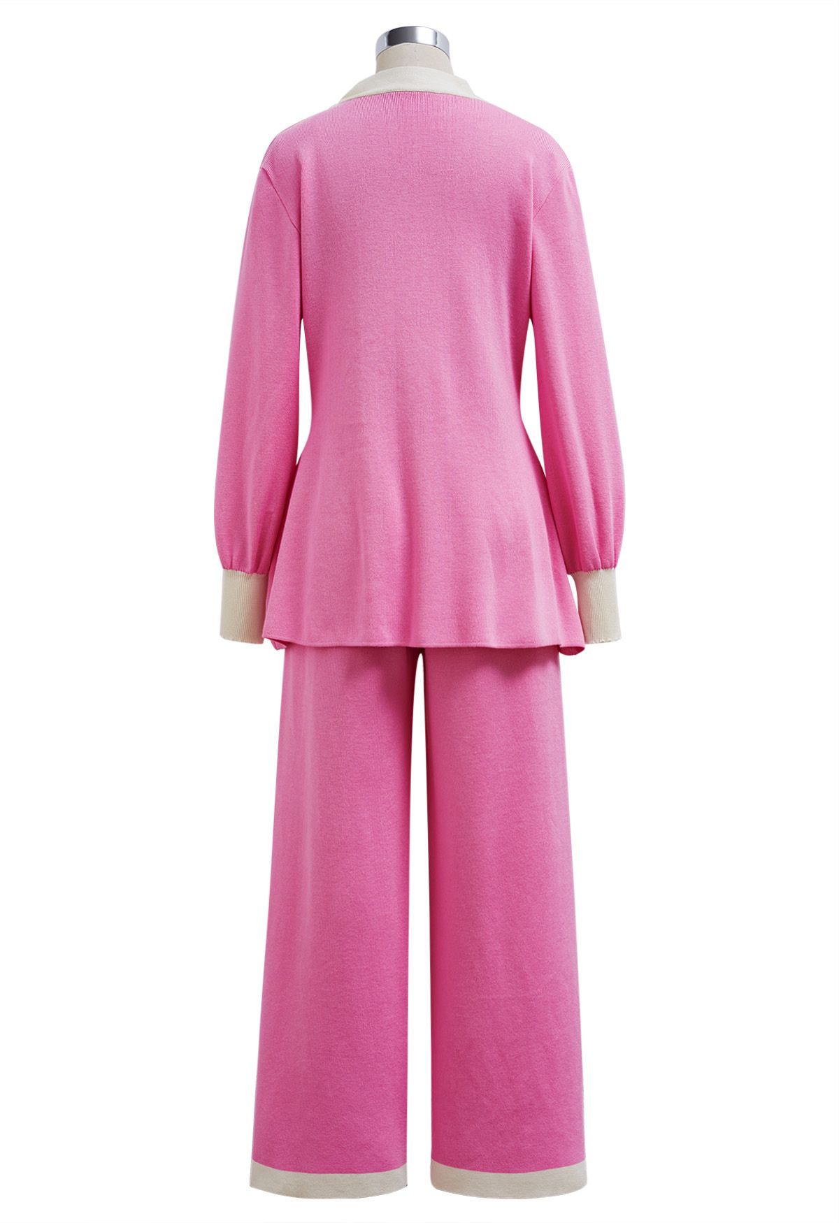 Contrast Edge Bowknot Knit Sweater and Pants Set in Candy Pink