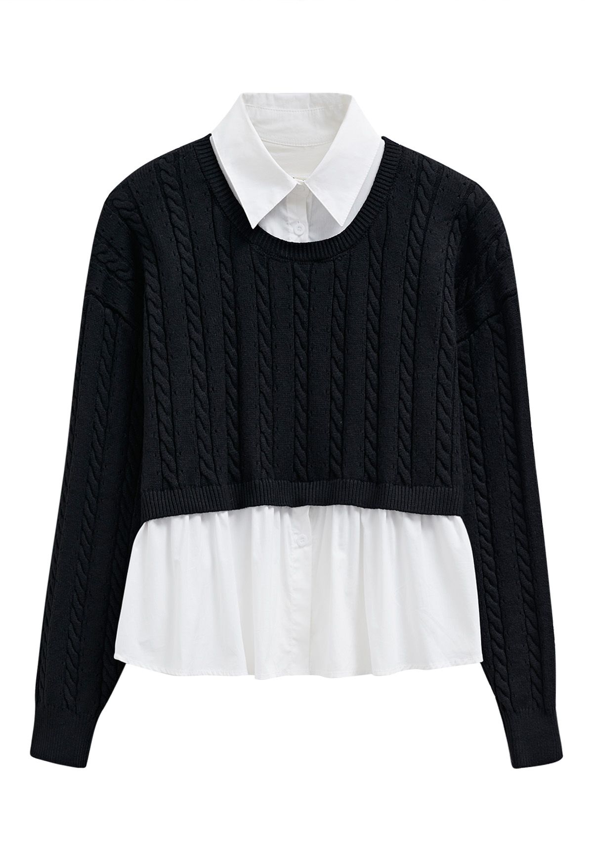 Fake Two-Piece Knit Spliced Collared Shirt in Black