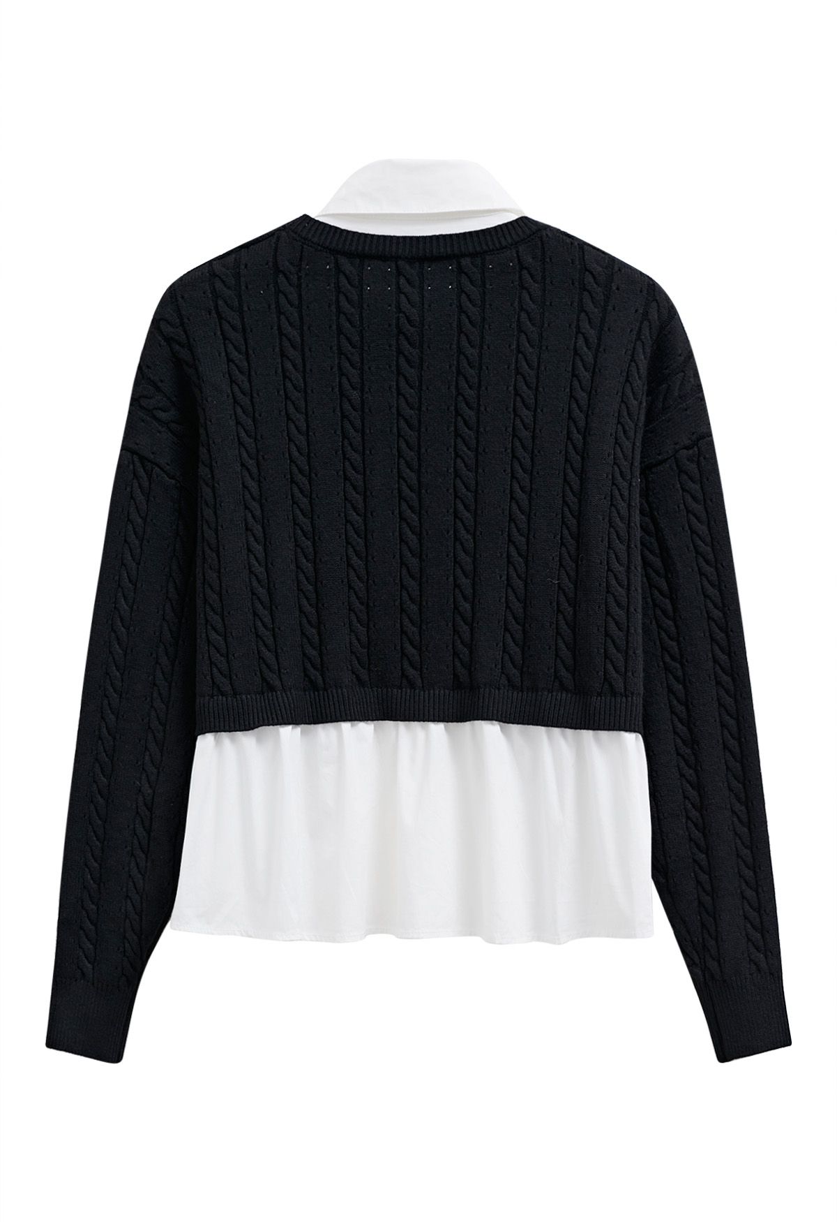 Fake Two-Piece Knit Spliced Collared Shirt in Black